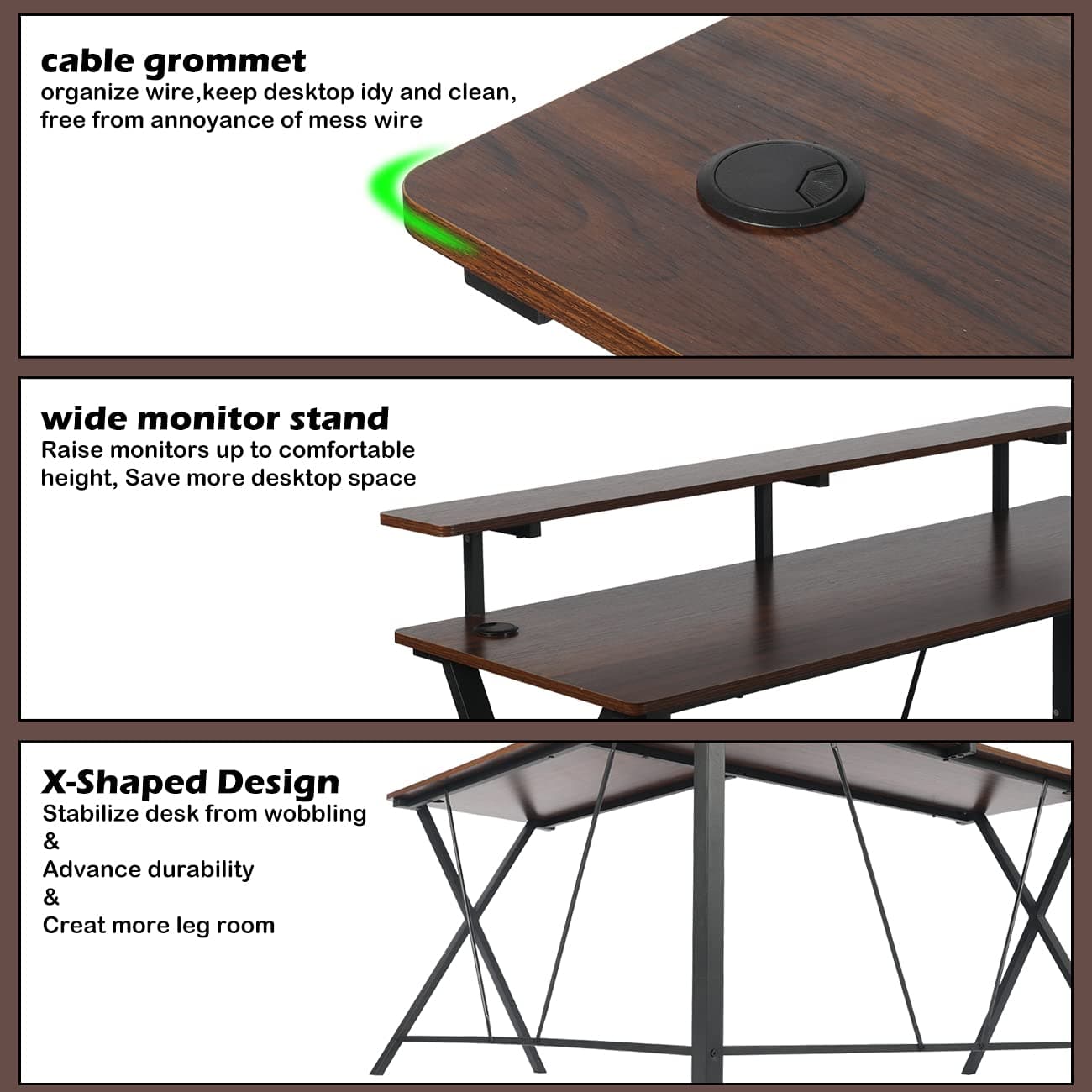 LAZZO L-Shaped Desk, 54" Home Office Corner Computer Desk, Home Gaming Table, Writing Study Desk & Workstation with Large PC Monitor Stand, Sapce-Saving, Brown