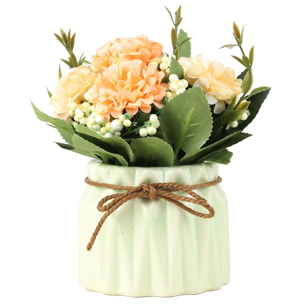 Artificial Hydrangea Bouquet with Small Ceramic Vase Fake Silk Variety Flower Balls Flowers Decoration for Table Home Party Office Wedding (Green)