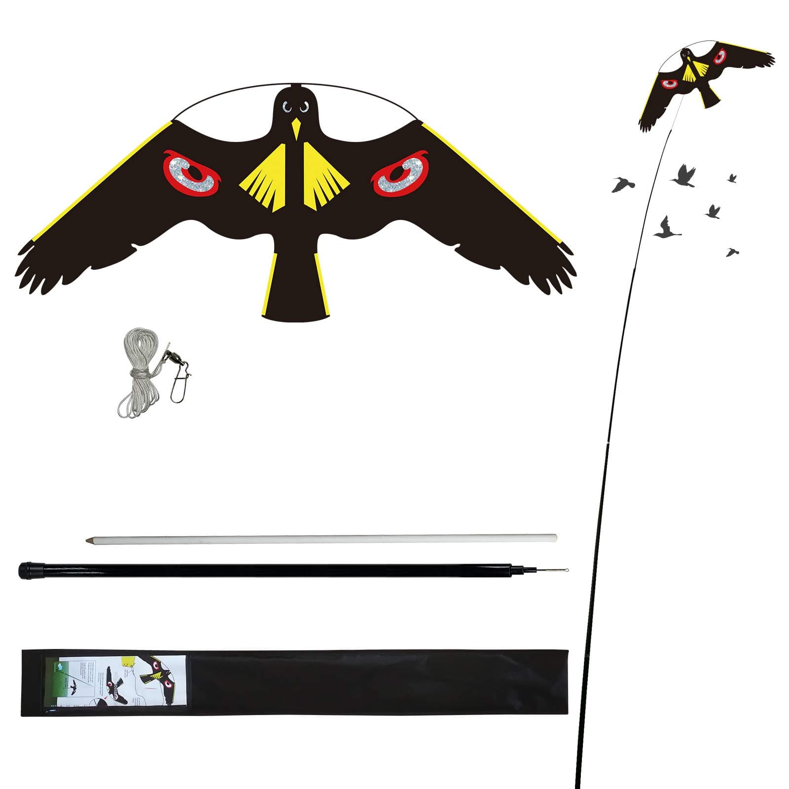 Bird Scarer Flying Kite Crops Farm Protector Bird Hawk Flying Kite with 4m Telescopic Pole