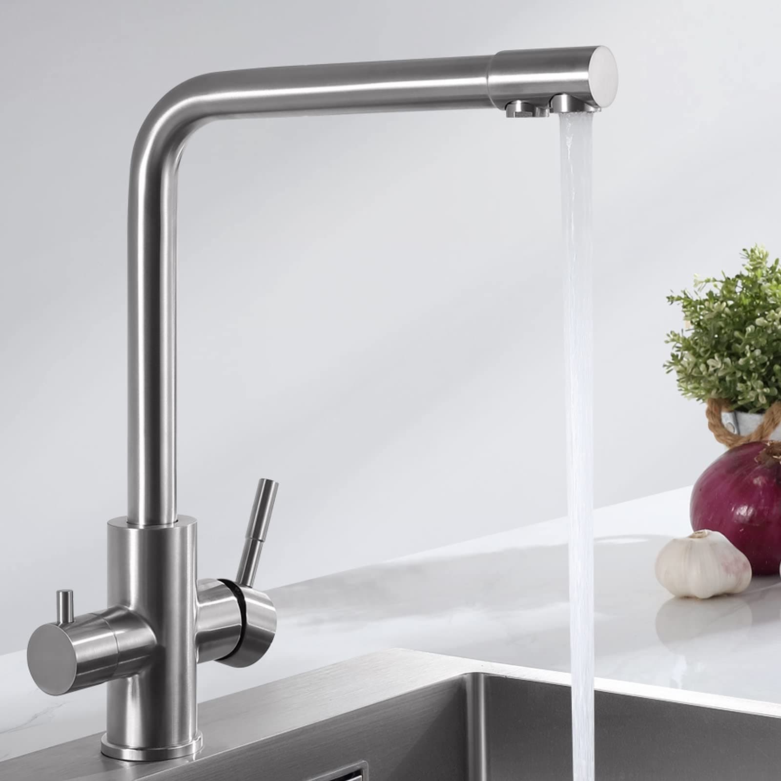 Pure Kitchen Tap, 3-Way Kitchen Tap, 360° Rotatable, High Pressure Tap, Drinking Water Tap with Double Lever, 3-in-1 Mixer Tap for Osmosis Systems, Water Filter, Brushed Stainless Steel