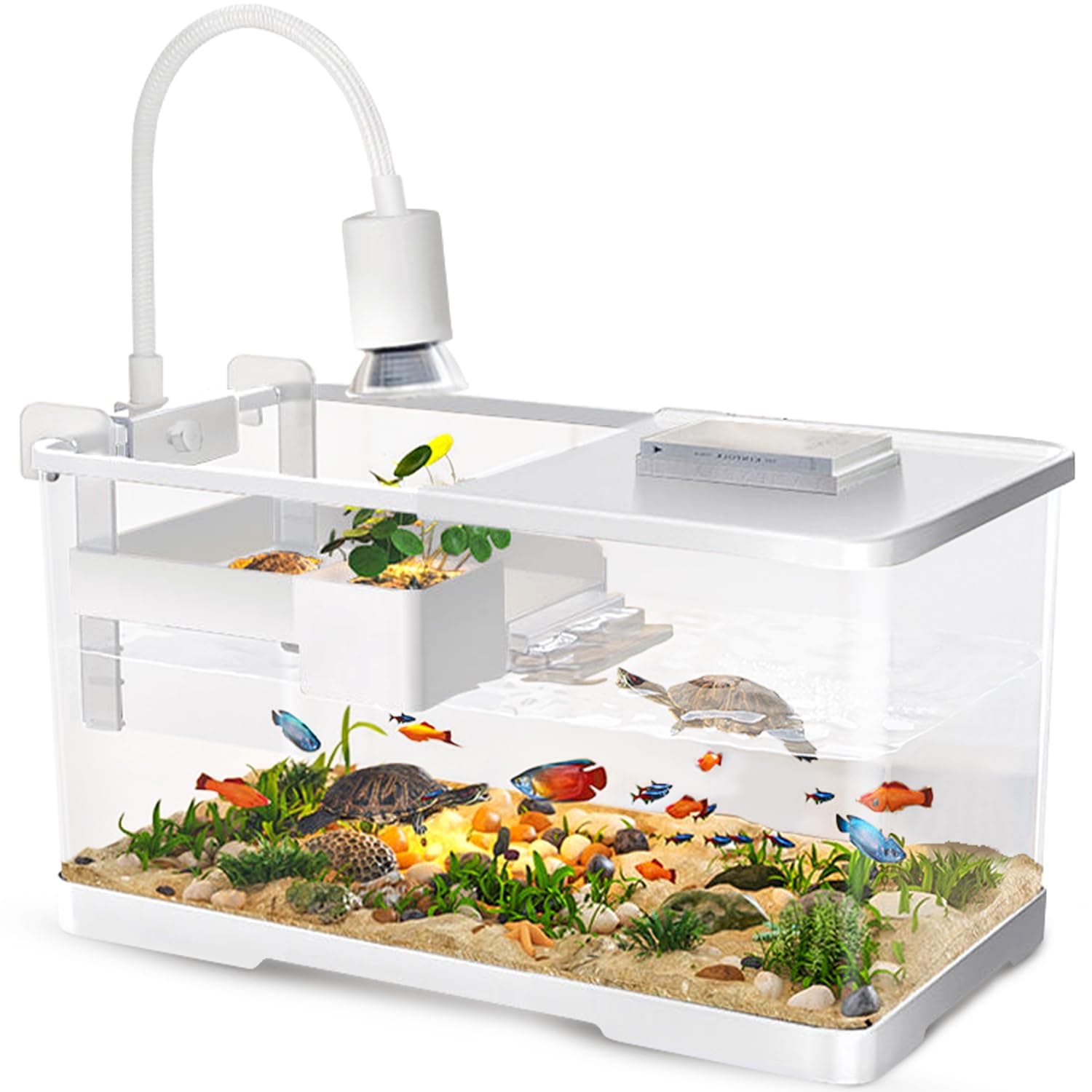 (Tank + Light + Filter + Filter Balls) Turtle Tank Kit, Turtle Tank Starter Kit,Bottom Drainage, Multi-Function Areas for Turtles, Crabs,Fishes, Amphibians,Reptiles. (21.65 × 12.28 × 12.28 Inch)