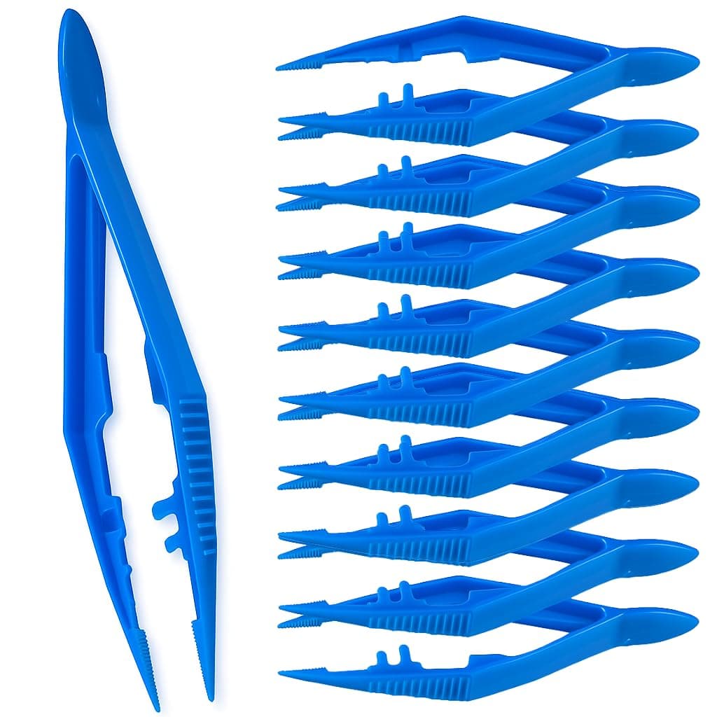 Disposable Plastic Forceps Tweezers Blue (10 Pack) – Serrated Tip Pickup Tweezers with Finger Ridges & Narrow Points for First Aid, Medical, Lab, Crafts & School Science