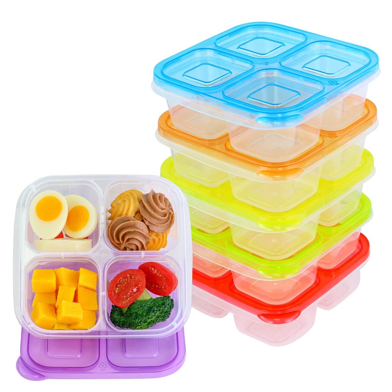 6 Pack 4-Compartment Food Containers, Reusable Snack Containers for Kids Adults School Work Picnic, Lunch Bento Box Meal Prep Containers (Classic Color Set)