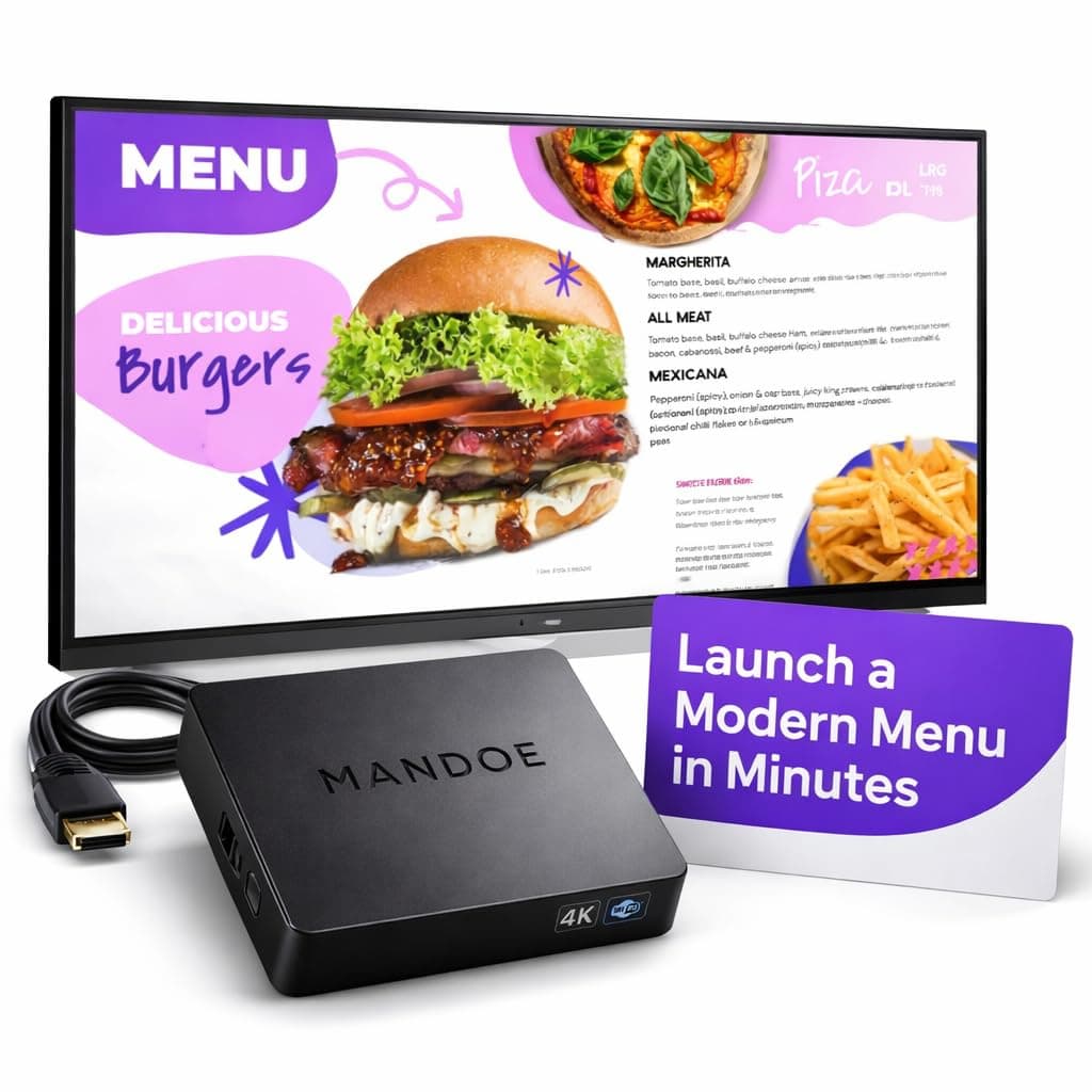Mandoe Essentials Signage Displays - Digital Player for Menu Board. World-Class Templates.