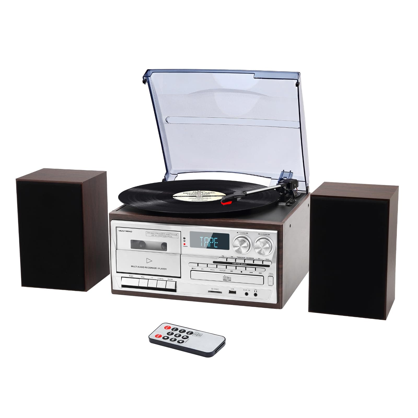 MUSITREND 10 in 1 Record Player with External Speakers,3 Speed Bluetooth Turntable Vinyl Player with CD/Cassette Play,AM/FM Radio, USB/SD Encoding,Aux-in/RCA Line Out