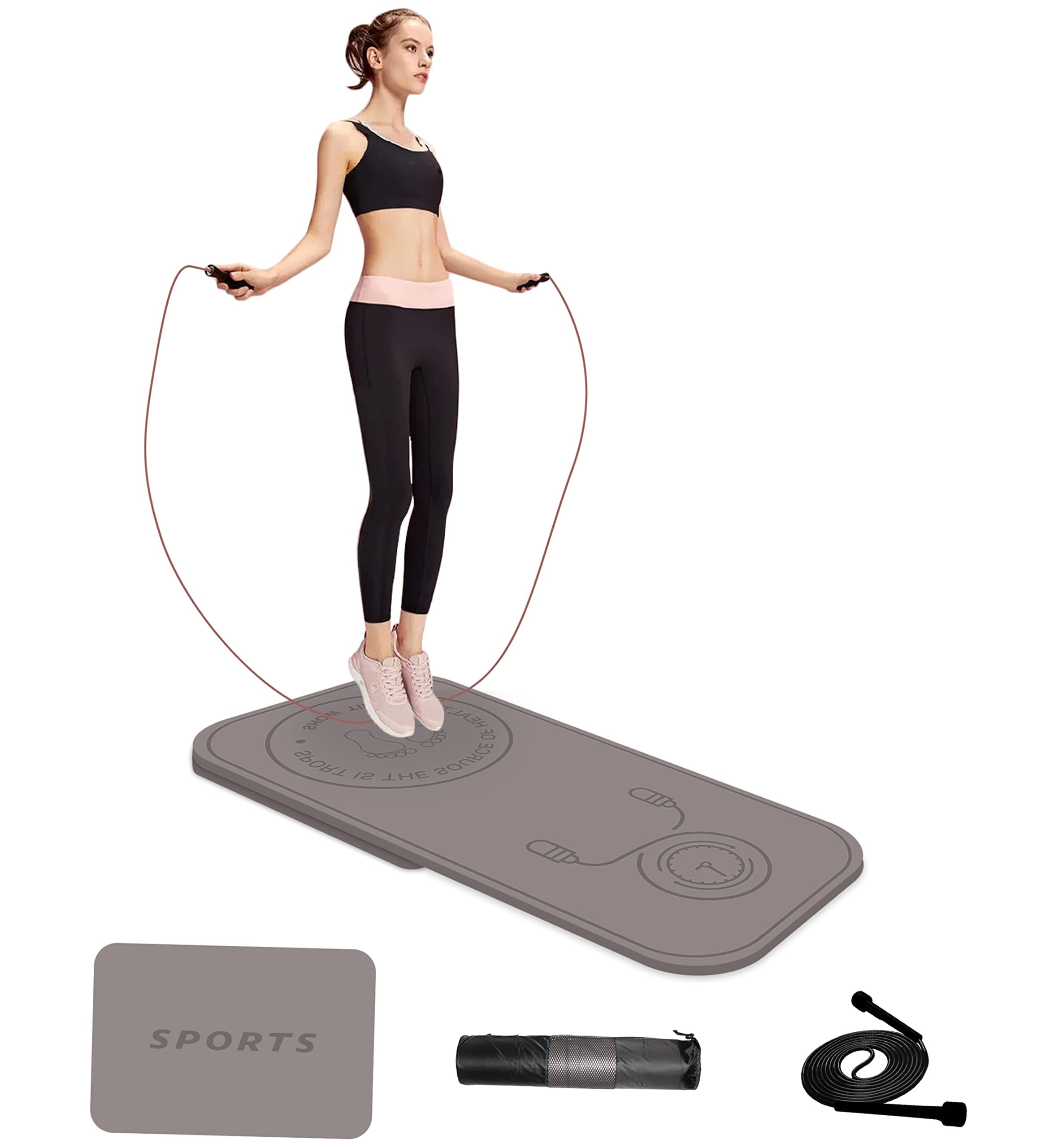 LERYG Jump Rope Mat Shockproof Exercise Skipping Mat All-Purpose Extra Thick High Density Anti-Tear Exercise Yoga Mat, Non Slip Jump Rope Mat for Indoor and Outdoor in Brown