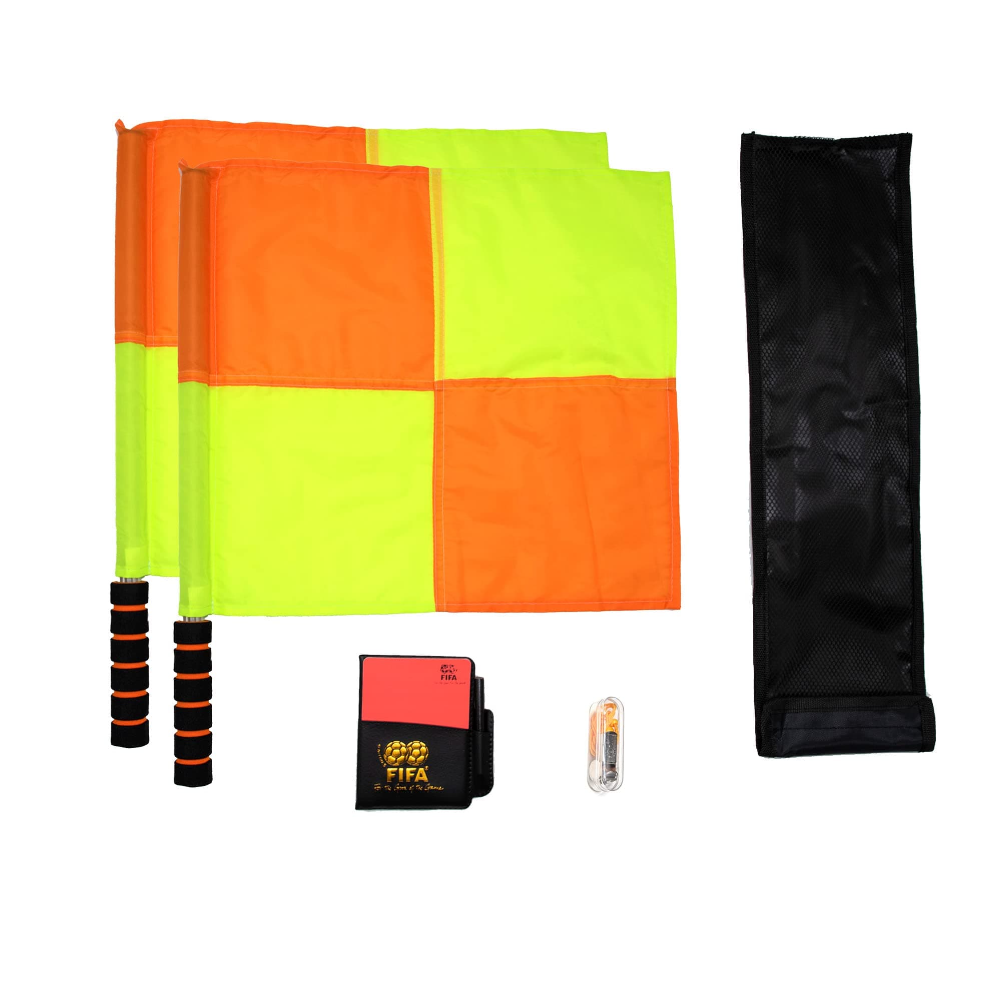 Soccer Referee Flag,Checkered Linesman Flags Set with Case,Metal Pole Foam Handle water Proof,Red Yellow Cards with Notebook and Pencil,Coach Stainless Steel Whistles with Lanyard 2Pcs (Style 2)