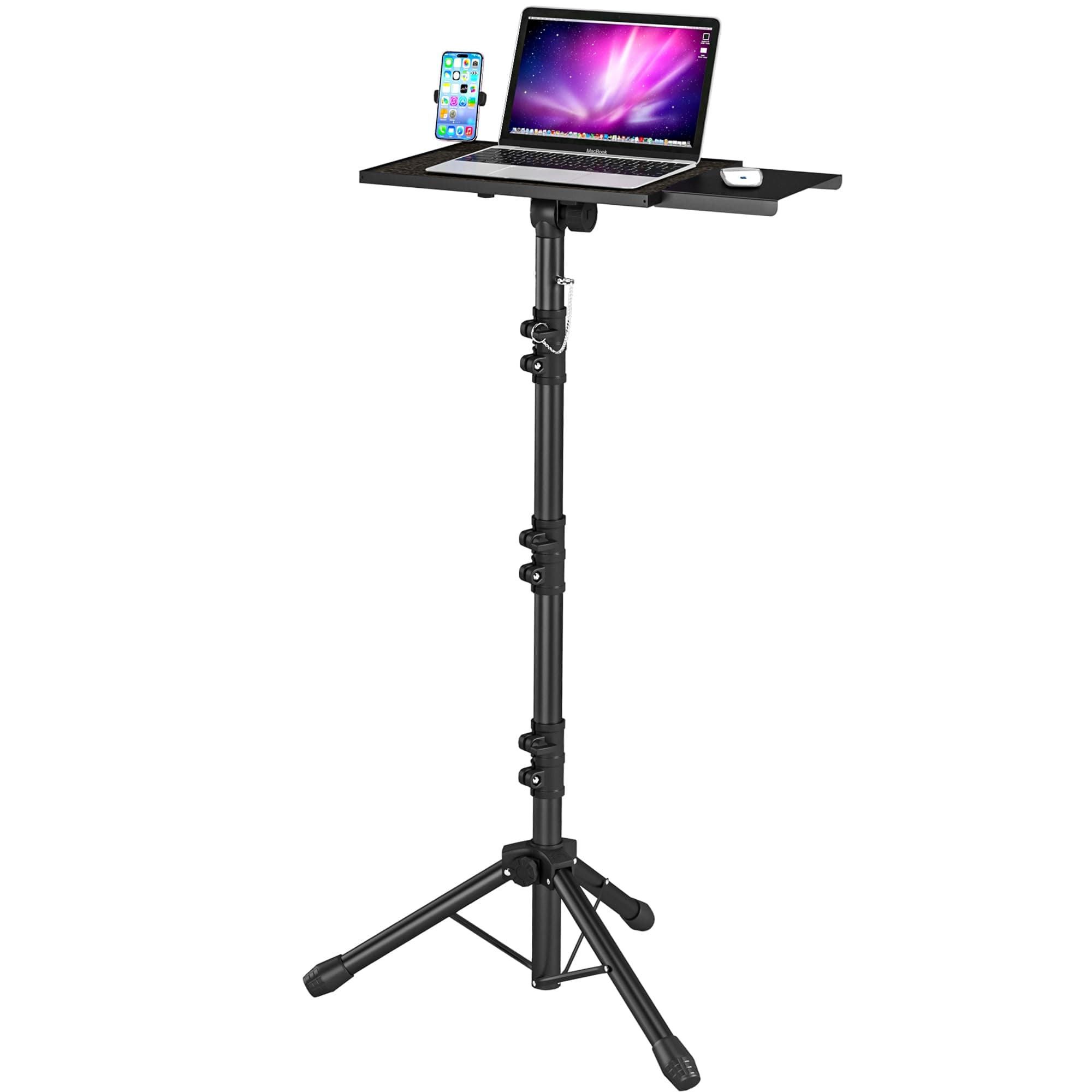 Tall Projector Stand with Removable Mouse Tray, Laptop Tripod from 23.5"-63.5" Adjustable with Gooseneck Phone Holder, Office, Home, Stage, Studio, DJ Racks Musical Instrument