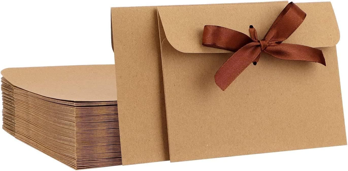 50 Pcs Envelopes, Brown Envelopes, Kraft Paper Envelope Bags With Ribbon, Elegant And Noble, Easy to Use, Vintage Design, for DIY Craft Wedding Invitations, Birthday Or Greeting Cards