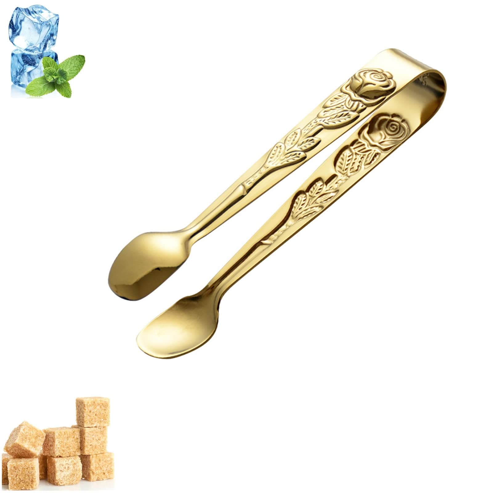 Mini Serving Tongs, 4Inch Rose Pattern Stainless Steel Sugar Cube Tongs, Sliver Small Ice Tongs for Tea and Coffee Party (Gold)