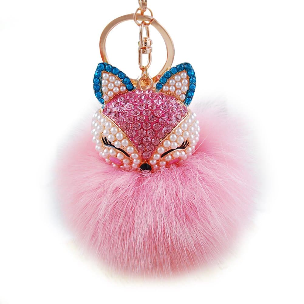 GCIYAEN Artificial Fox Fur Ball with Artificial Fox Head Inlay Pearl Rhinestone Key Chain for Womens Bag or Cellphone or Car Pendant