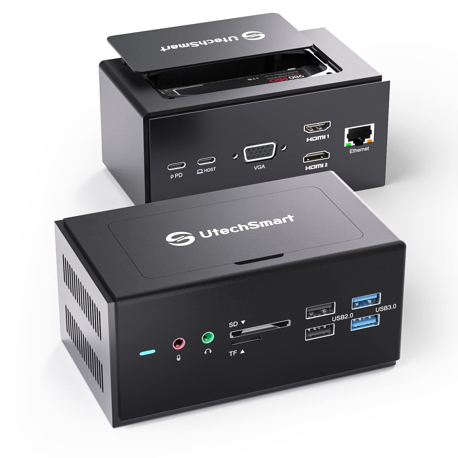 Universal Docking Station, 15 in 1 USB Docking Station with SSD Enclosure, USB C Dock with Dual HDMI,VGA,PD3.0,SD/TF,RJ45,Audio&Micro,USB Ports, for MacOS&Windows Laptop