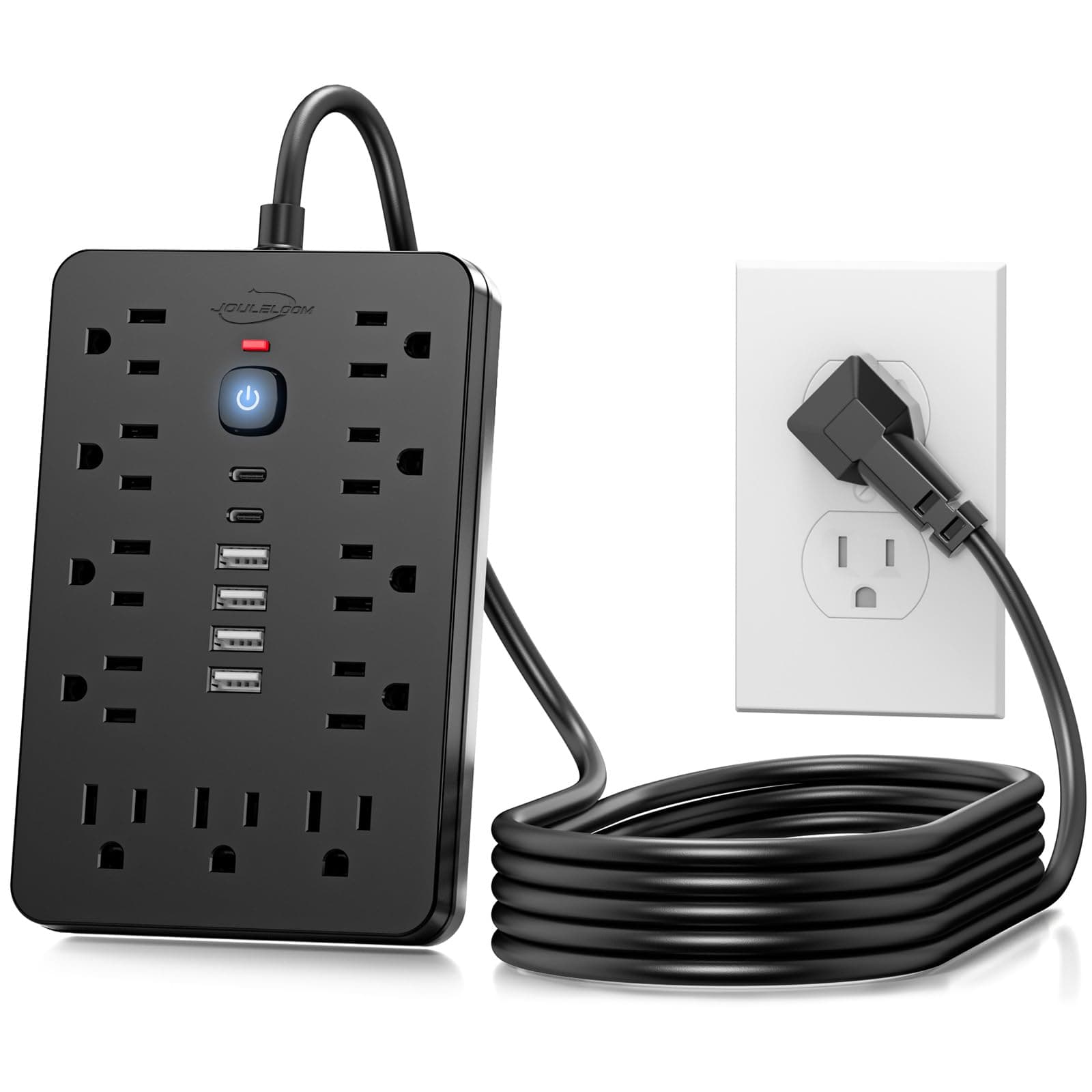 JouleLoom 6 FT Flat Plug Surge Protector Power Strip,11 Multiple AC Outlets with 6 USB Ports (2 USB C), 6 Feet Extension Cord, 1250W/10A, One Touch Switch Button, 17 in 1 Compact powerstrip