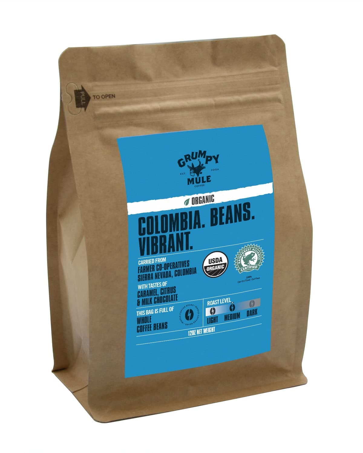 Grumpy Mule Organic Colombia Whole Bean Coffee - 12 oz (340 grams). Rainforest Alliance Certified.