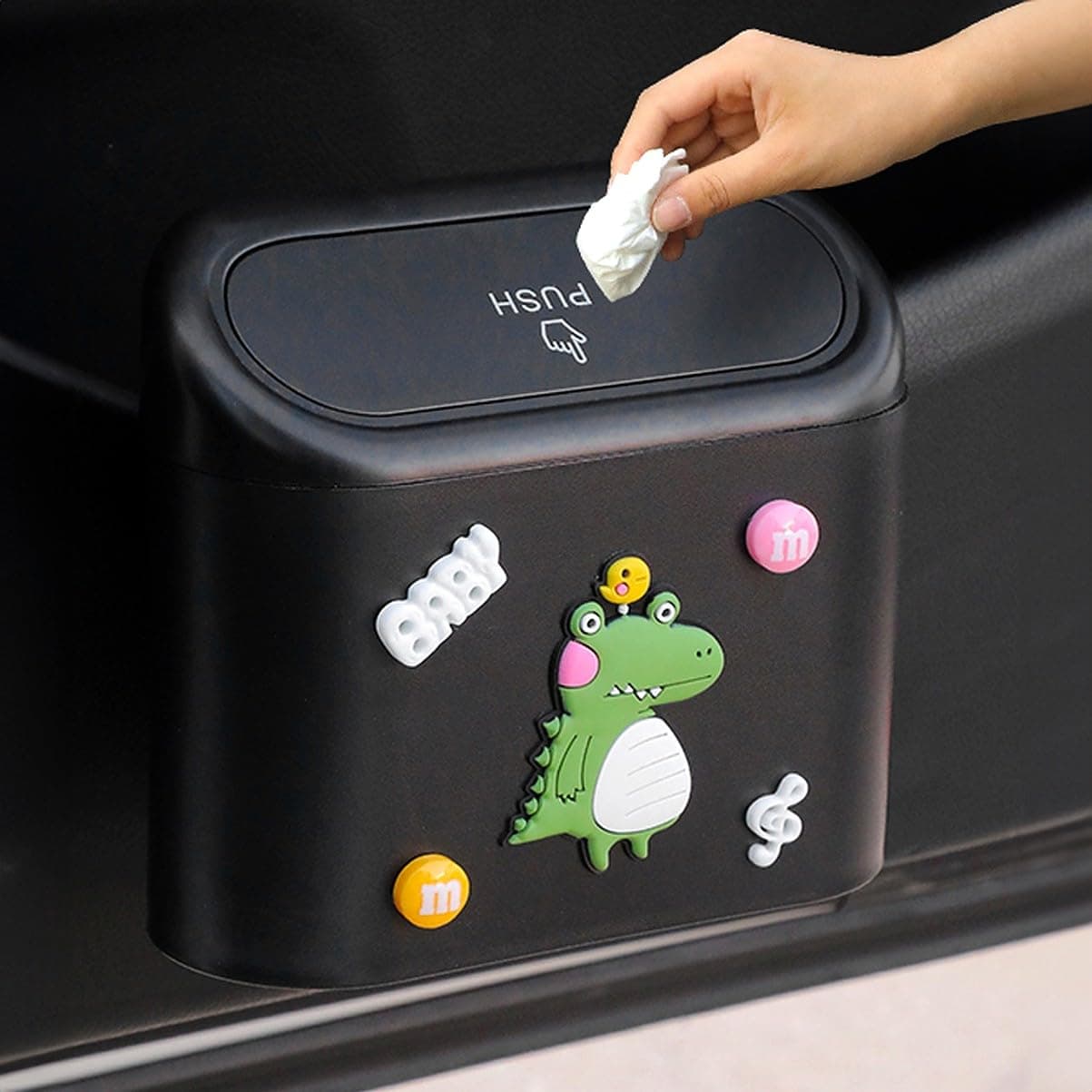 wolpin PP Car Trash Bin Can Holder (15.5 x 14 CM, Black) | Hanging Dustbin for Car Interior | Press Top Waste Bin with Cute Stickers | Compact Garbage Container for Cars Office Desk Home Use