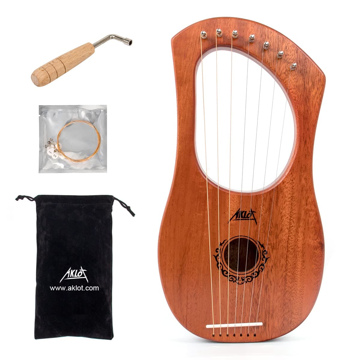 Aklot Lyre Harp, 7 Metal String Bone Saddle Mahogany Lye Harp with Tuning Wrench and Black Gig Bag