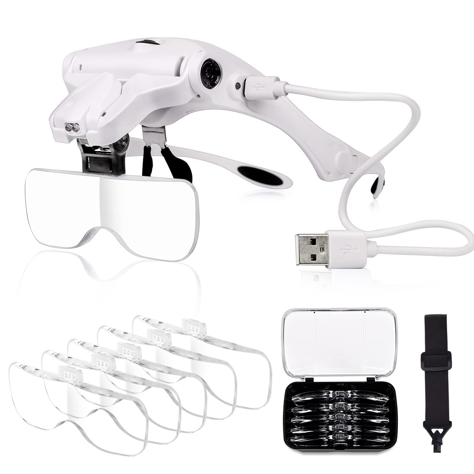 Head Mount Magnifier with Light, USB Charging Magnifying Glasses for Close Work, Hands Free Magnifying Glass for Reading, Jewelers Loupe 5 Lenses 1.0X 1.5X 2.0X 2.5X 3.5X
