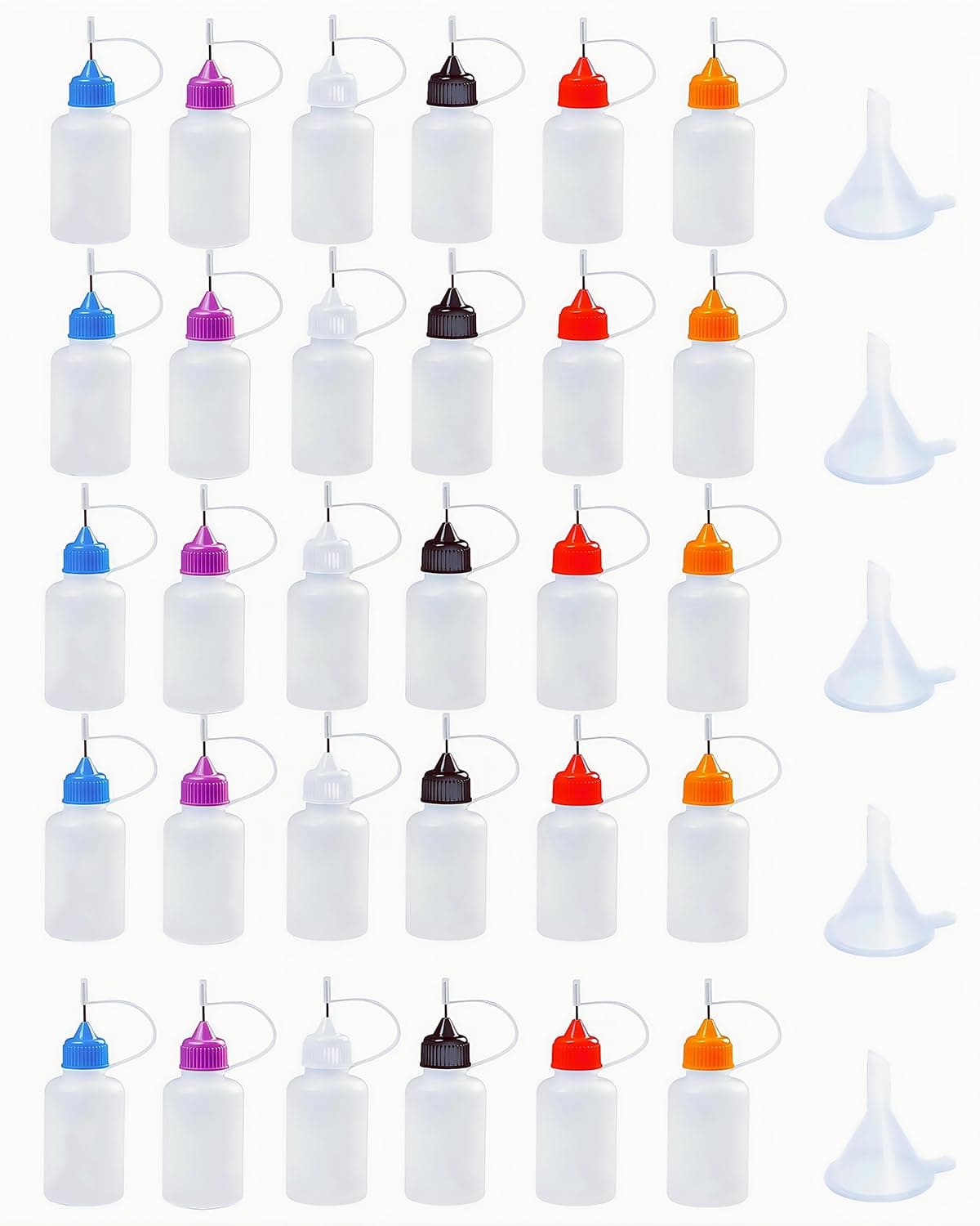 Precision Applicator Bottle Set 1 Oz. - 30 Needle Tip Squeeze Bottles and 5pcs Mini Funnels for Acrylic Painting, DIY Quilling and Paper Craft