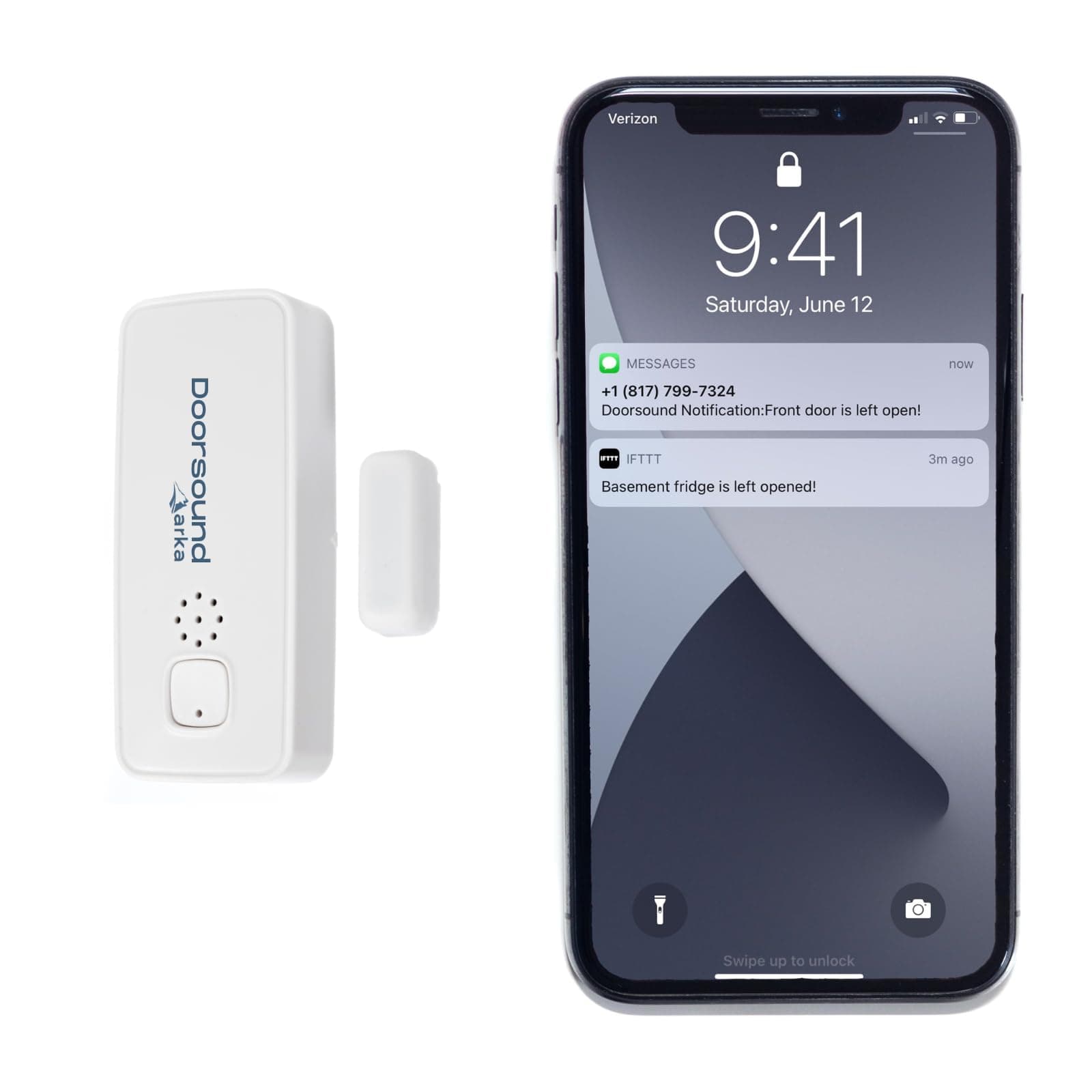 Doorsound - Door Left Open Alarm with Adjustable time delay, Reminders, Chime, Text alerts, Google Home Announcements and IFTTT in-app Notifications | no hub Required | (White - Battery not Included)