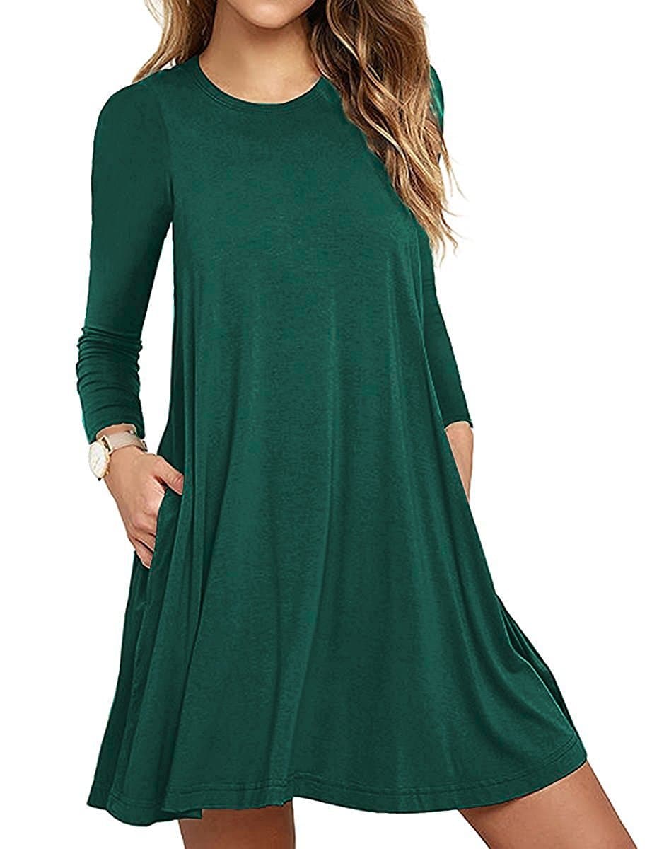 VEIMEILI Womens Comfy Swing Tunic Long Sleeve Pocket Solid T-Shirt Dress (M, Dark Green)