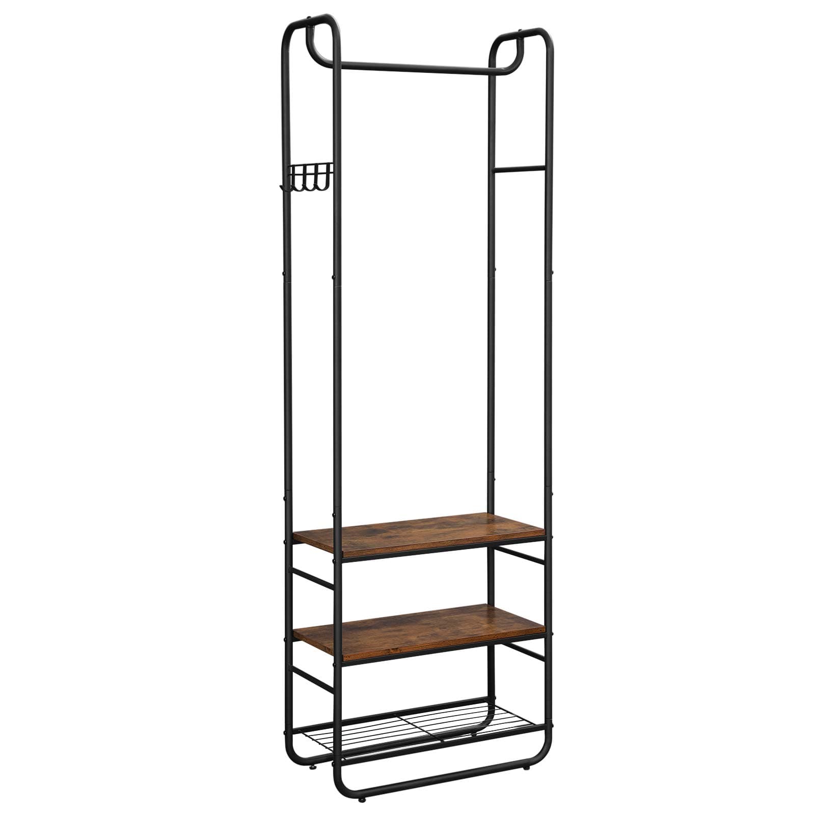 VASAGLE Coat Stand, Hall Tree, Coat Rack with Shoe Rack, Storage Shelves, Hallway, Bedroom, 58 x 28 x 181 cm, Scandinavian Style, Matte Black and Rustic Brown HSR81BX