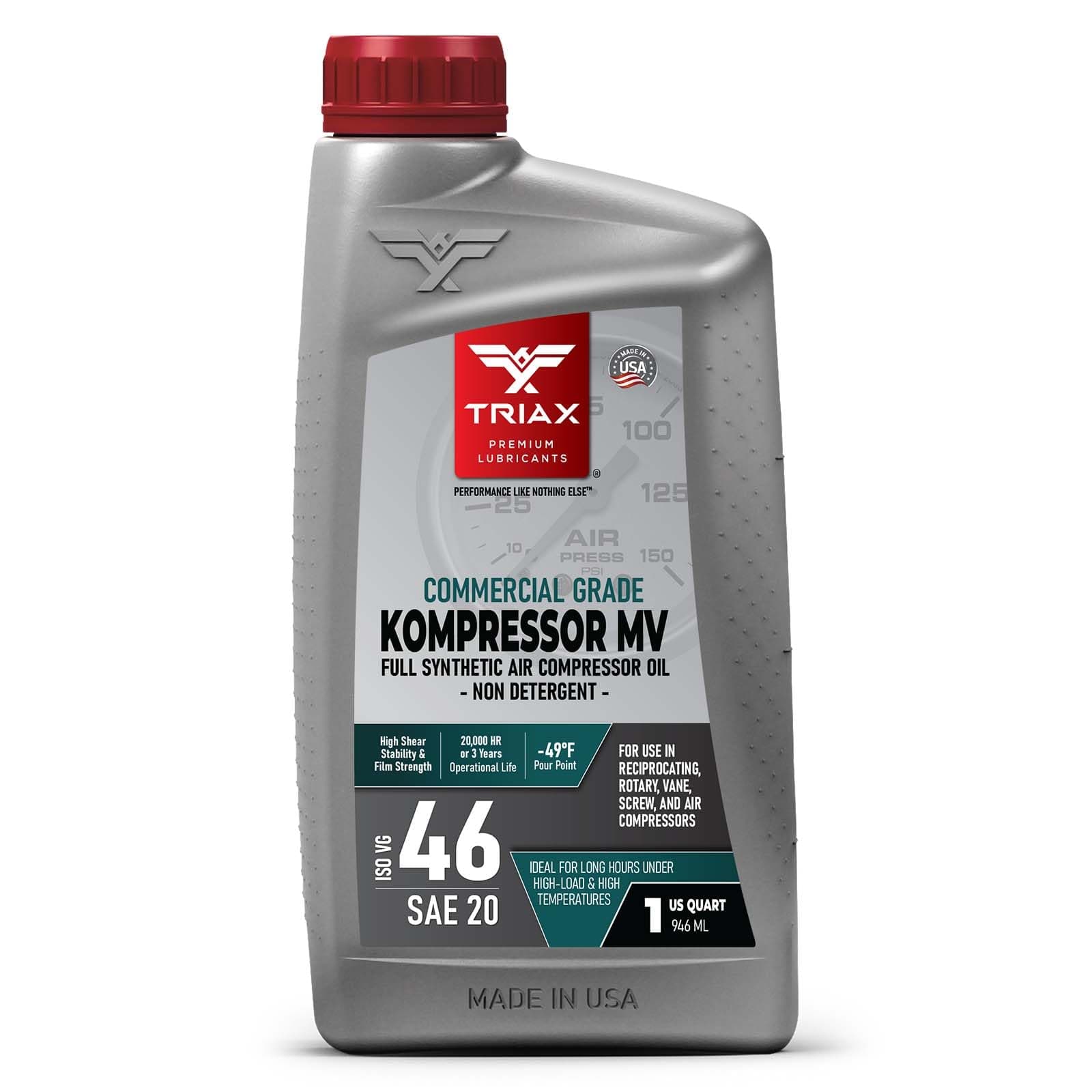 Kompressor MV ISO 46, Multi Vis, Full Synthetic Air Compressor Oil, Rotary, Vane, Screw, Reciprocal, High Temp, 20,000 Hour Life (1 Quart)