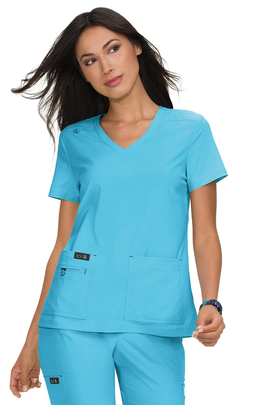 Basics Women's Becca V-Neck Scrub Top, 4 Pockets, ID Bungee Loop, Moisture-Wicking Performance