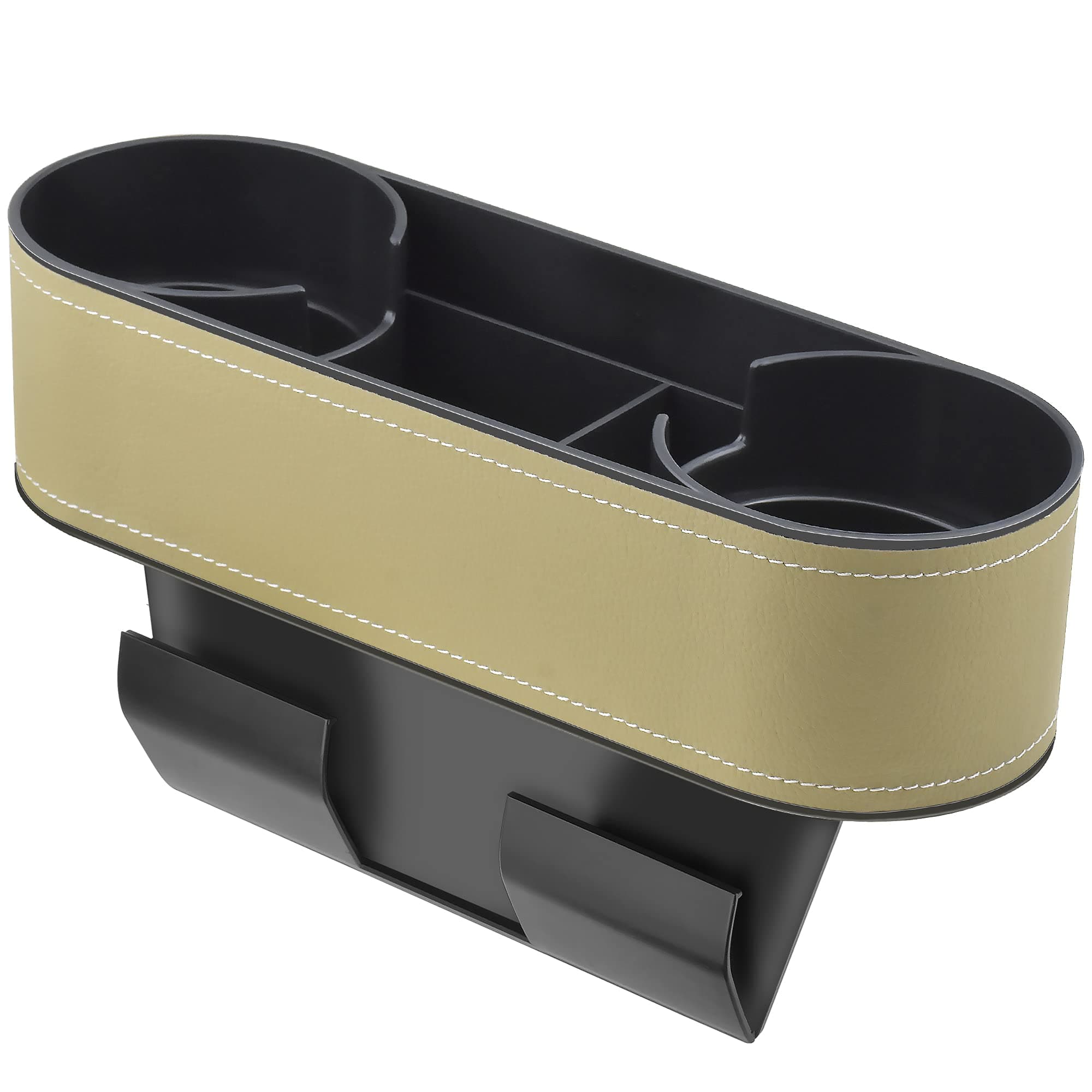 IOKONE Car Cup Holder, Auto Front Seat Organizer, Multifunctional Cup Drink Holders with PU Leather Cover, Gap Filler Storage Box Coin Bucket Console Side Pocket Cell Mobile Phone Holder(Slim-Beige)