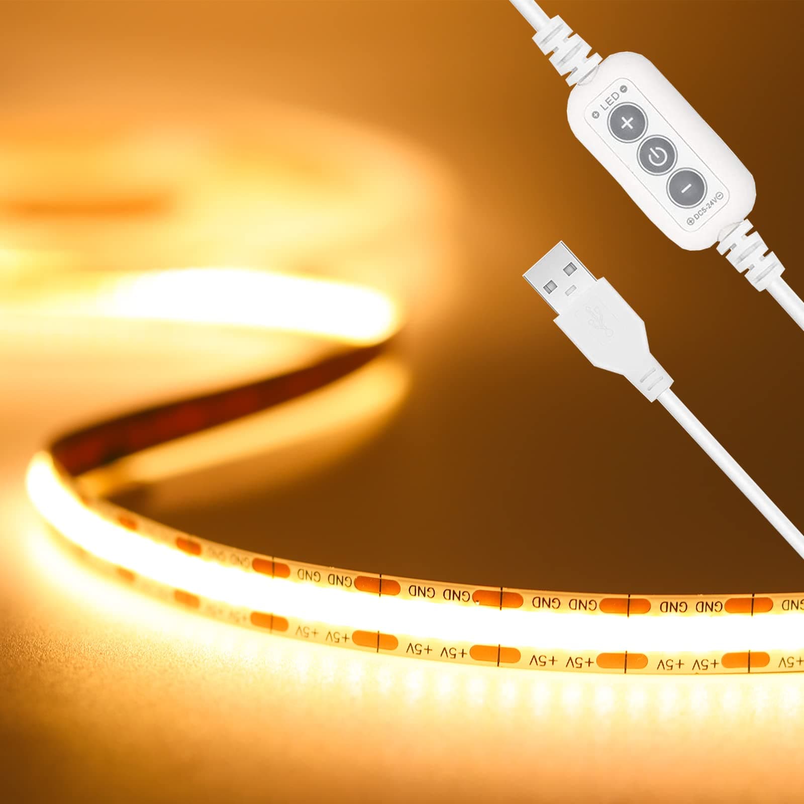 PAUTIX LED Strip Light 5V USB 6.56ft/2m 2700K, 640LEDs 1200lm Dimmable COB LED Strip Light Warm White CRI90+ USB TV Backlight,Flexible Under Cabinet Tape Light for Bedroom,Kitchen,Home DIY Lighting