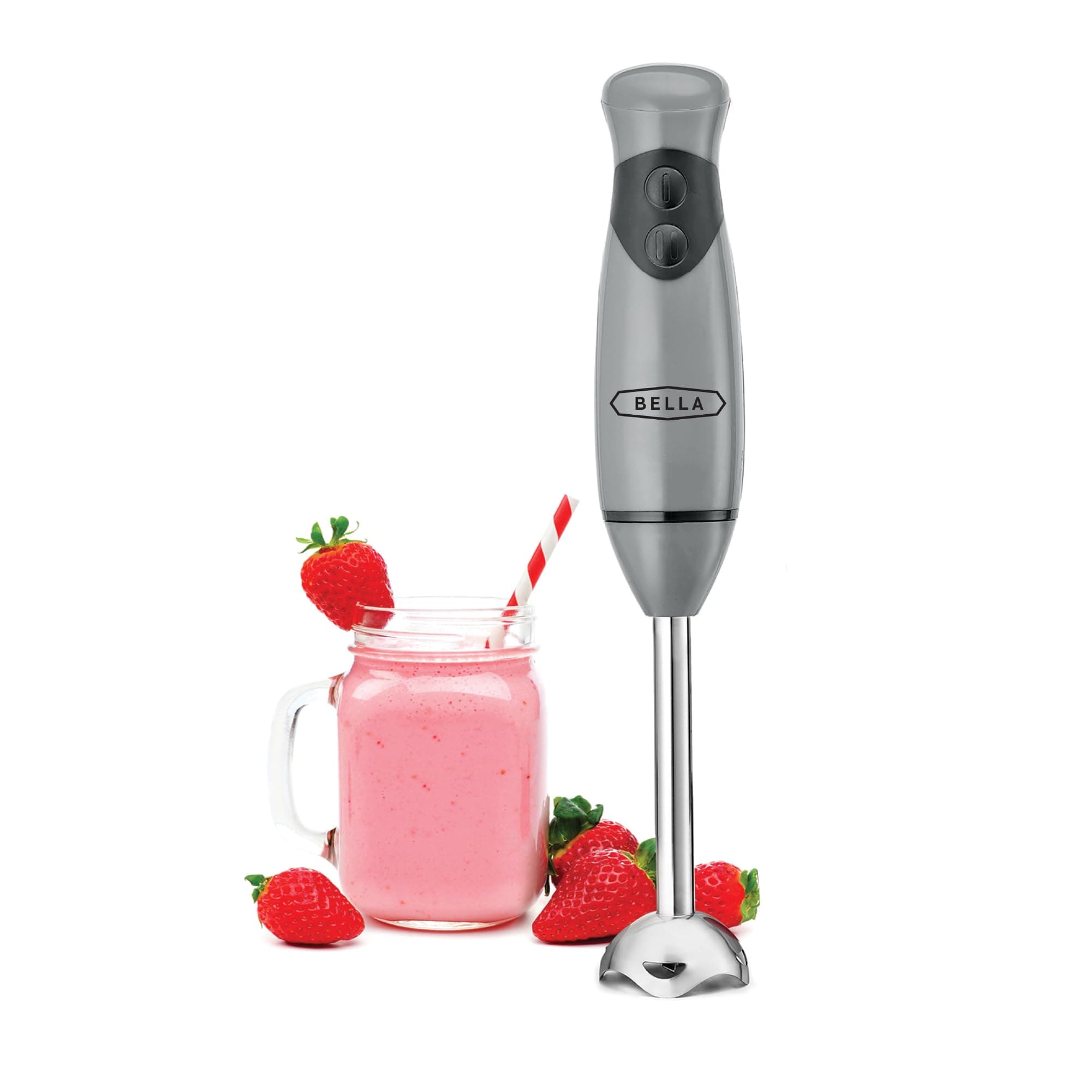BELLA 2-Speed Hand Immersion Blender with Whisk Attachment, 250 Watt, Grey, Immersion Blender with Dishwasher Safe Whisk & Blending Attachments for Food Prep (17578)