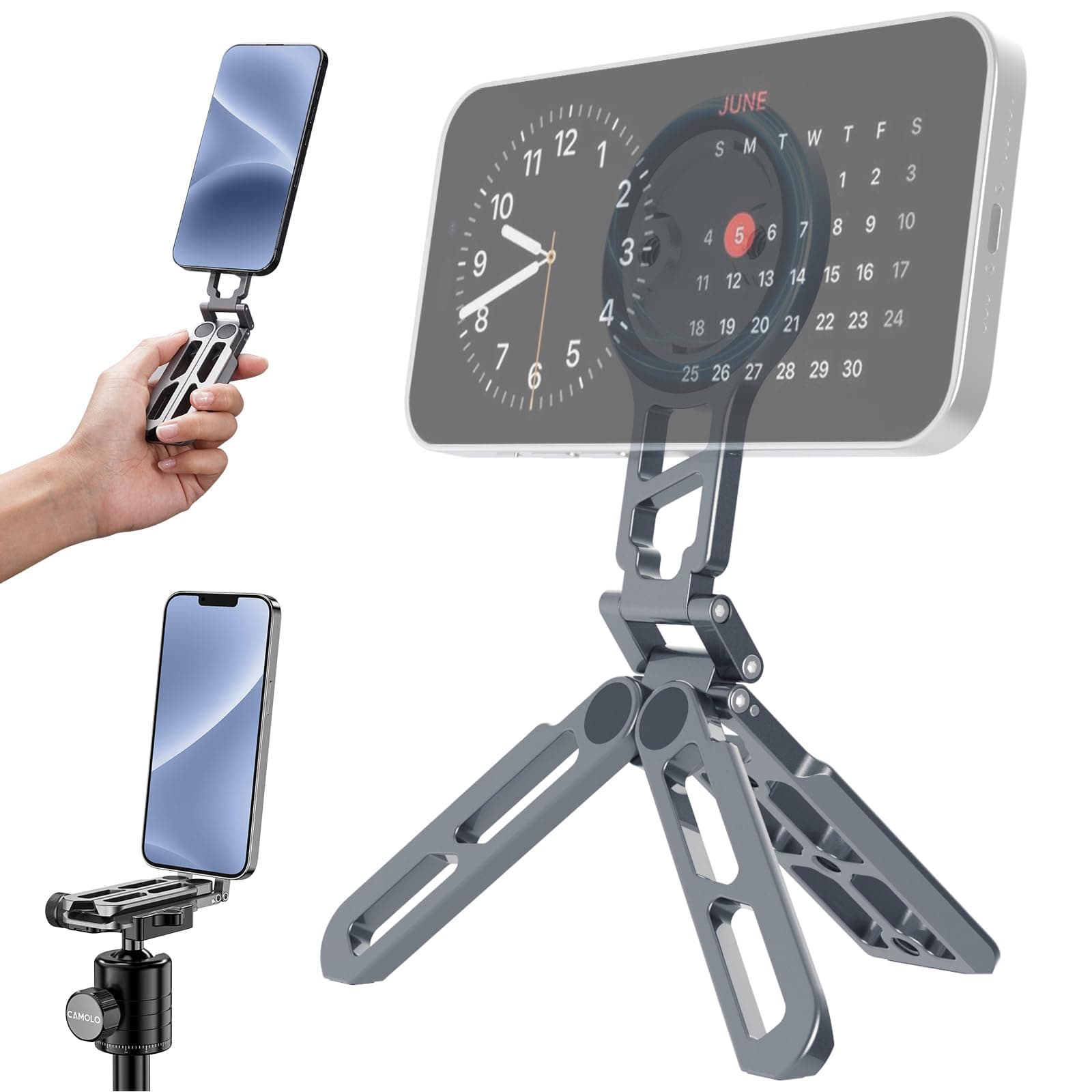 Magnetic Pocket Cell Phone Tripod Foldable for iPhone 15/14/13/12 Plus Pro Max Series Compatible with Magsafe Upgrade Mini Cell Phone Tripod Mount Handle Smartphone Desk Stand for Travel All-in-One