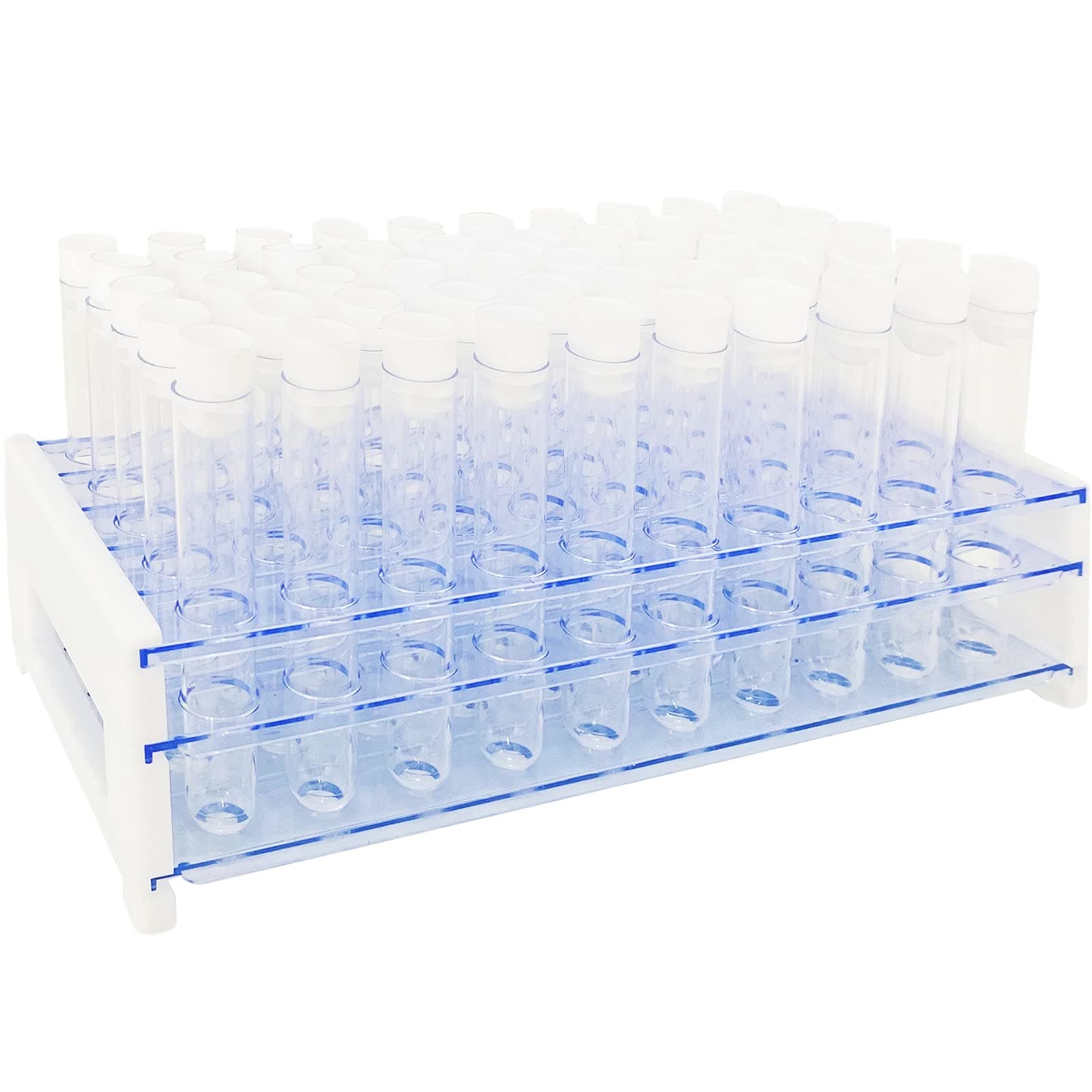 50Pcs Clear Plastic Test Tubes with Rack,16x100mm(10ml) Test Tube with Caps and 50 Holes Tubes Rack for Scientific Experiments,Party,Decorate The House,Candy Storage