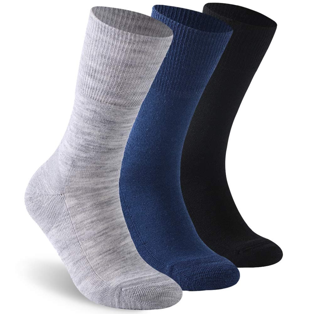 Facool Diabetic Socks for Men Women, Merino Wool Non-Binding Top Crew Socks with Cushion Sole, Seamless Toe 3 Pairs