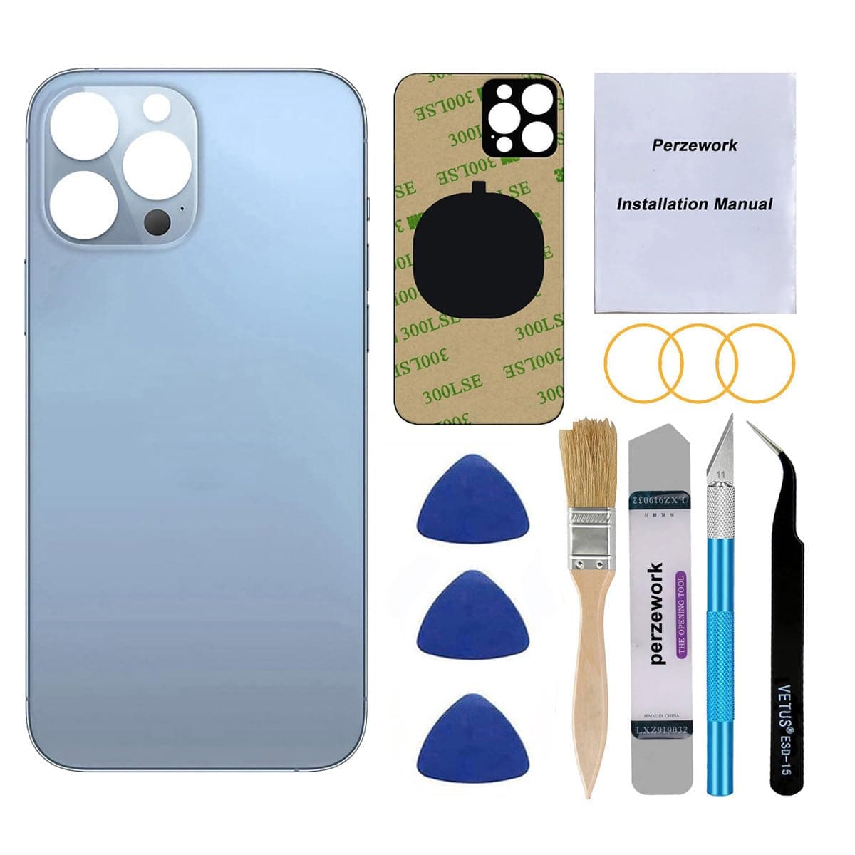 OEM Rear Cover Back Glass Replacement for iPhone 13 pro max 6.7 inch All Carriers with with Installment Manual and Professional Repair Tool Kits(Sierra Blue