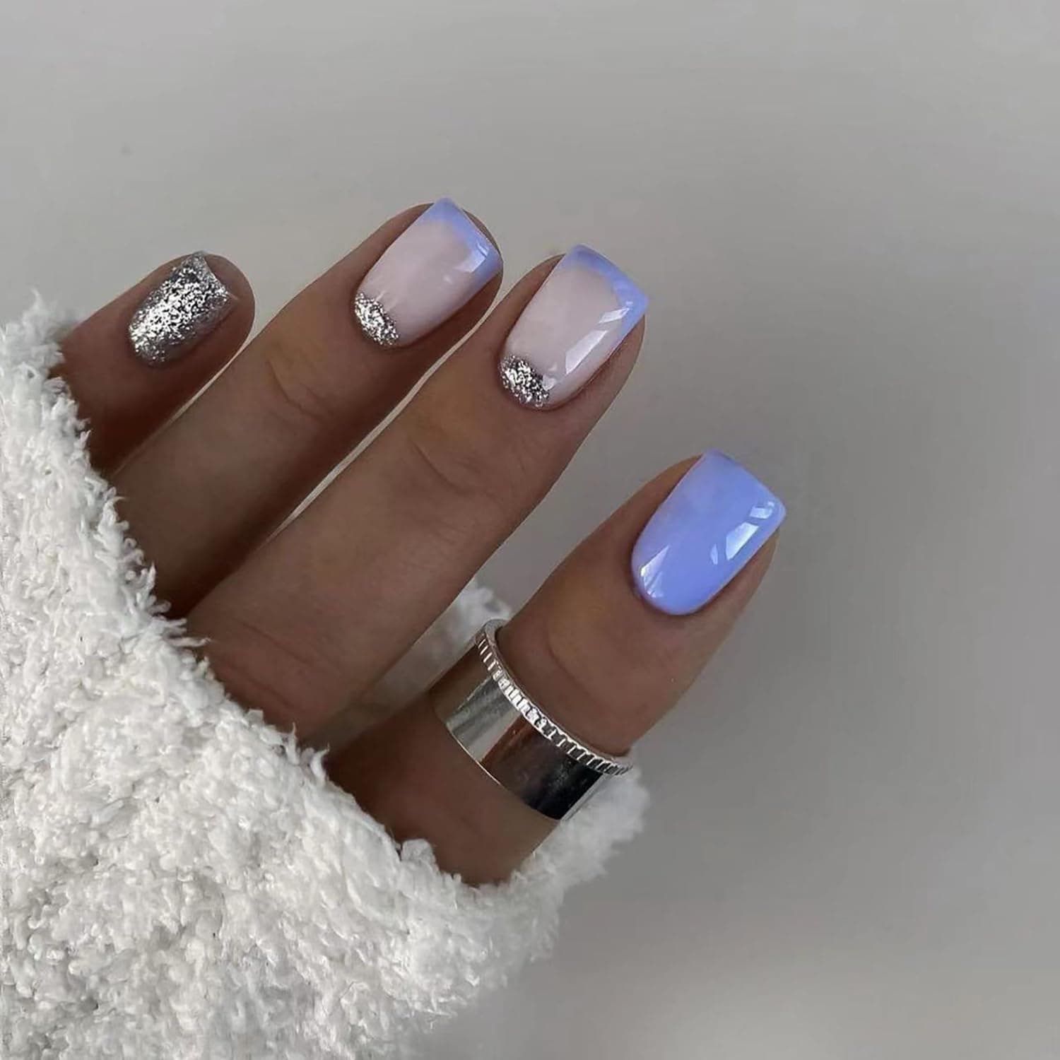 Blue White Press on Nails Short, Silver Glitter Fake Nails French Tip Designs Square False Nails With Glue Acrylic Nails for Women and Girls 24pcs