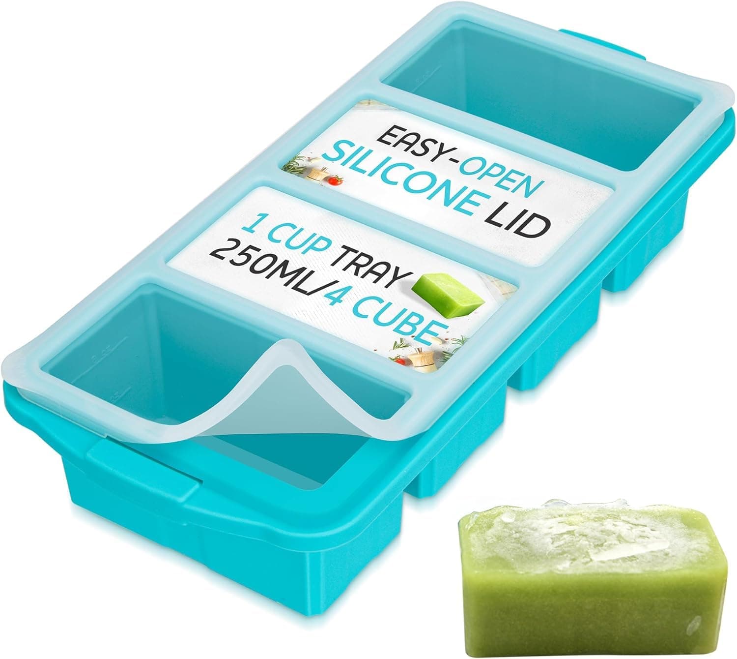 Silicone Freezing Tray with Lid, Large Ice Cube Tray Non-stick Soup Freezer Container with 4 Compartments for Storing and Freezing Soups, Broths, Sauces and Liquid Diets, Oven and Dishwasher Safe