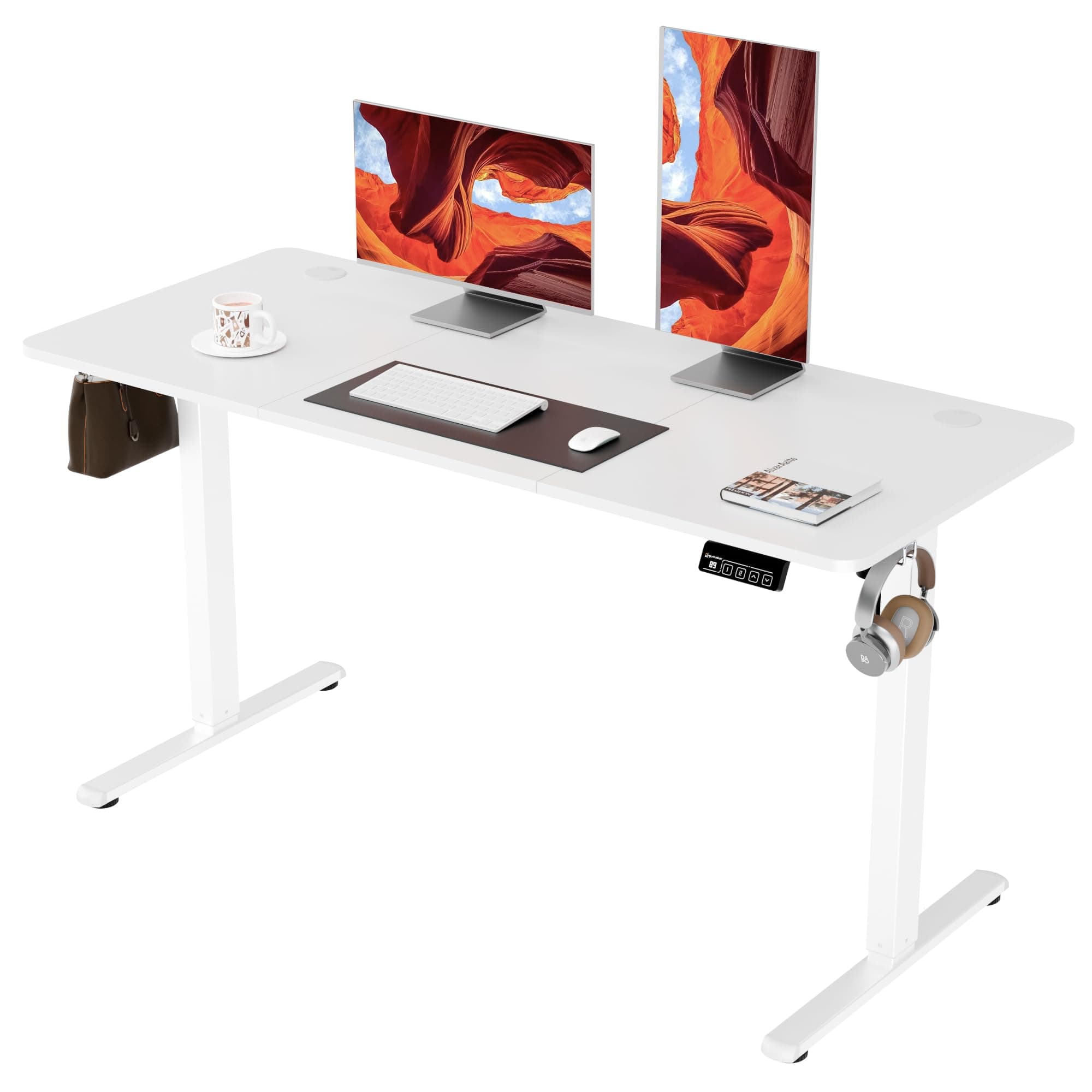 ERGOMAKER Electric Standing Desk, 140 x 60 cm Height Adjustable Sit Stand Desk with Splice Board for Home Office, Computer Table Memory Preset (White Frame, White Desktop)