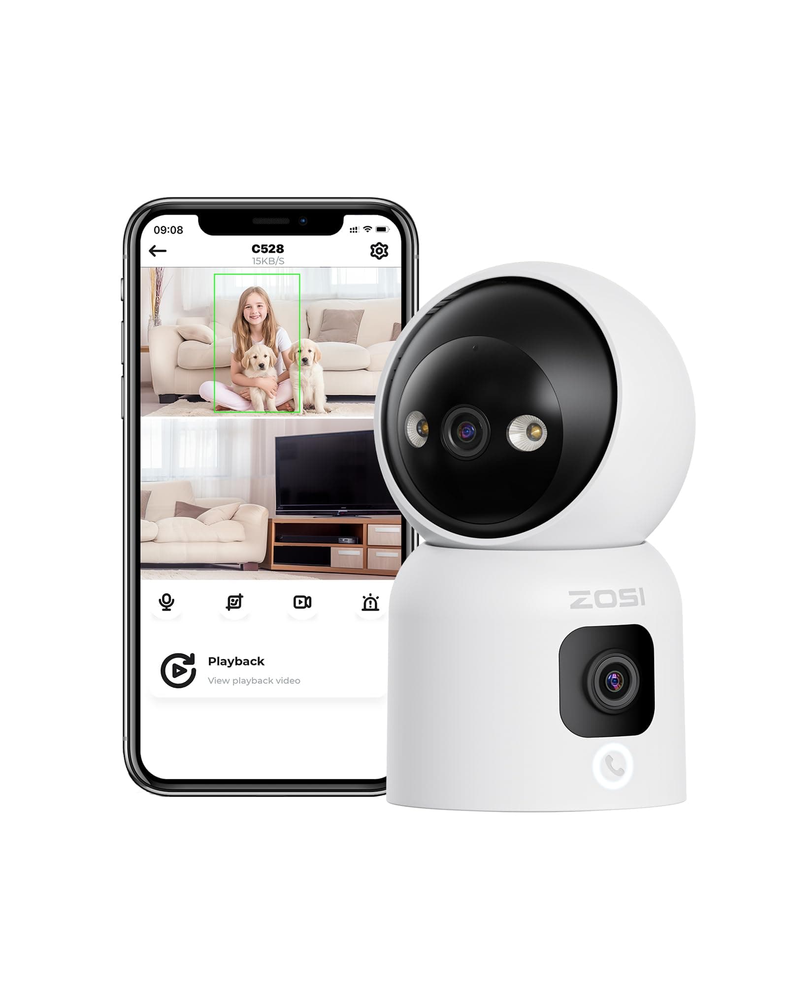 ZOSIDual-Lens 2K WiFi Security Camera Indoor, 355° Views Pan/Tilt Home CCTV Camera with 2 Way Audio, One-Touch Calling, Smart Person Detection, 2.4G/5G Dual-Band WiFi, C528