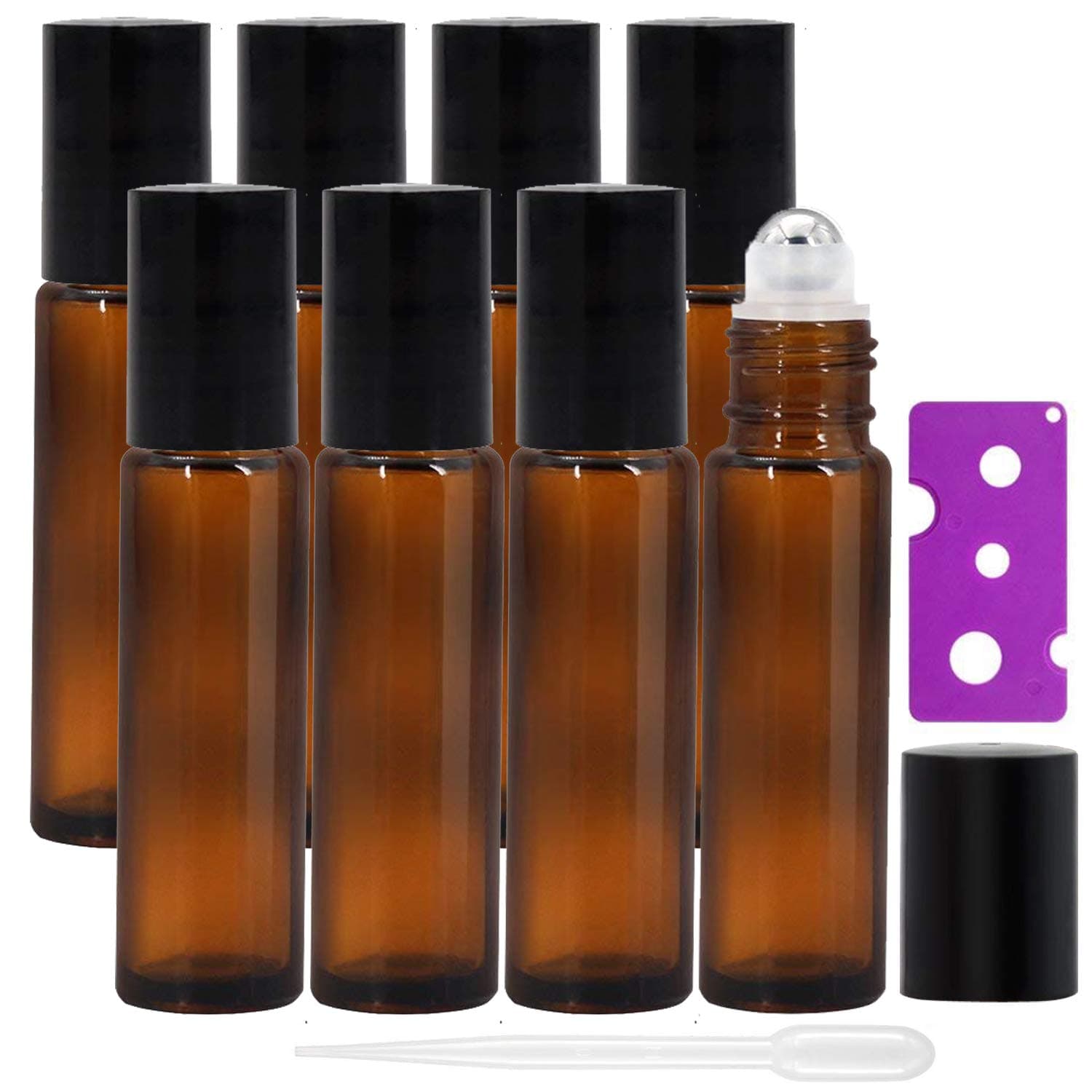 8Pcs 10ml Essential Oils Roller Bottles, Refillable Amber Glass Roll on Bottles with Stainless Steel Balls, Includes 12 Pcs Labels, 1 Dropper & Opener, Perfect for Aromatherapy