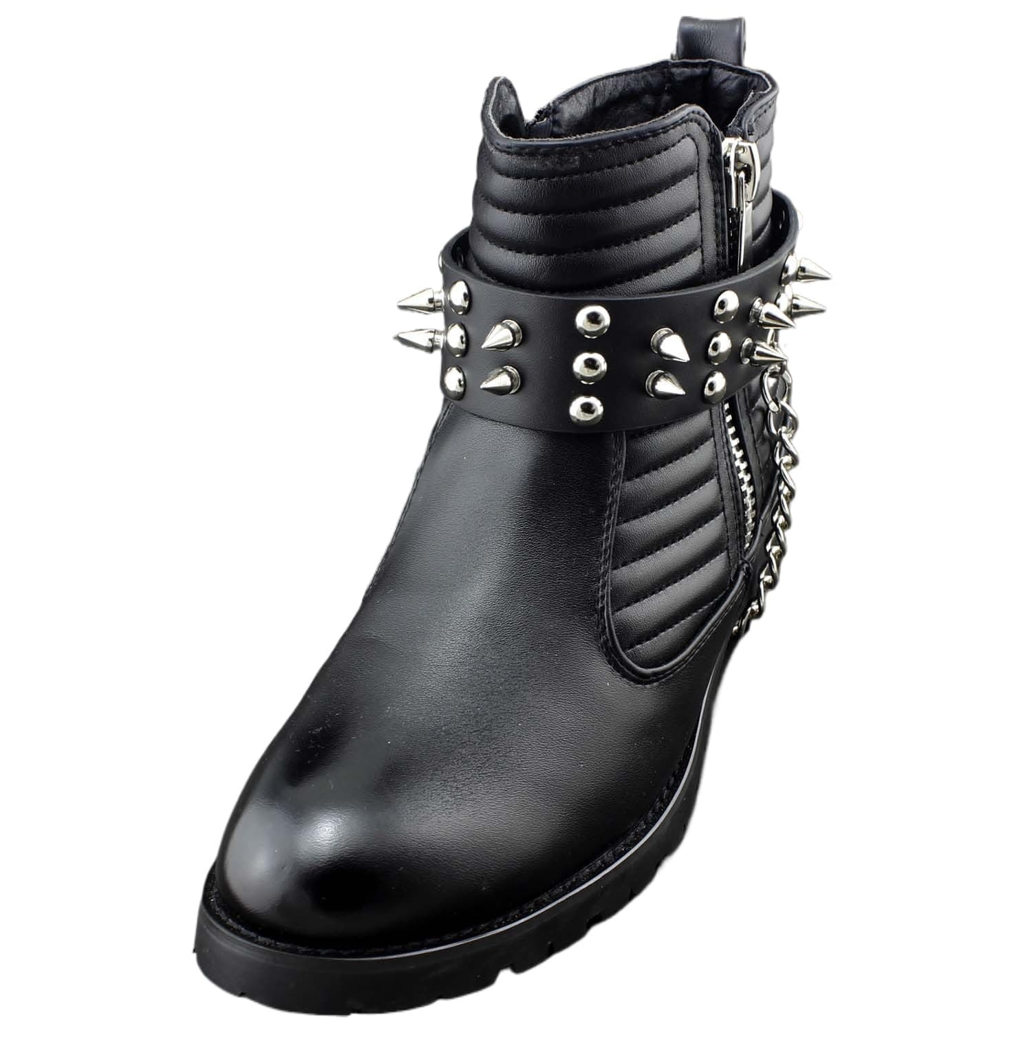 Men Biker Punk Boots Bracelets Silver Chain Black Pair Leather Strap Spikes (with chain(one pair))
