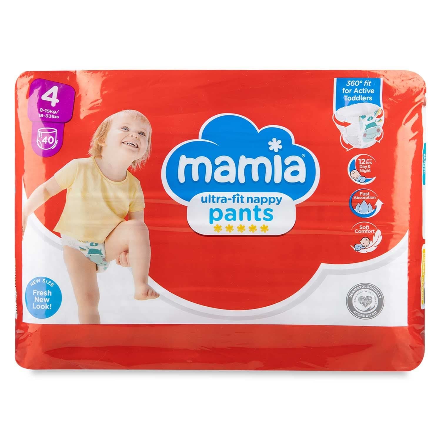 Mamia Ultra-fit Nappy Pants 40 Pack/Size 4, 8-15kg / 18-33lbs, 360 Fit for Active Toddlers, Soft Comfort