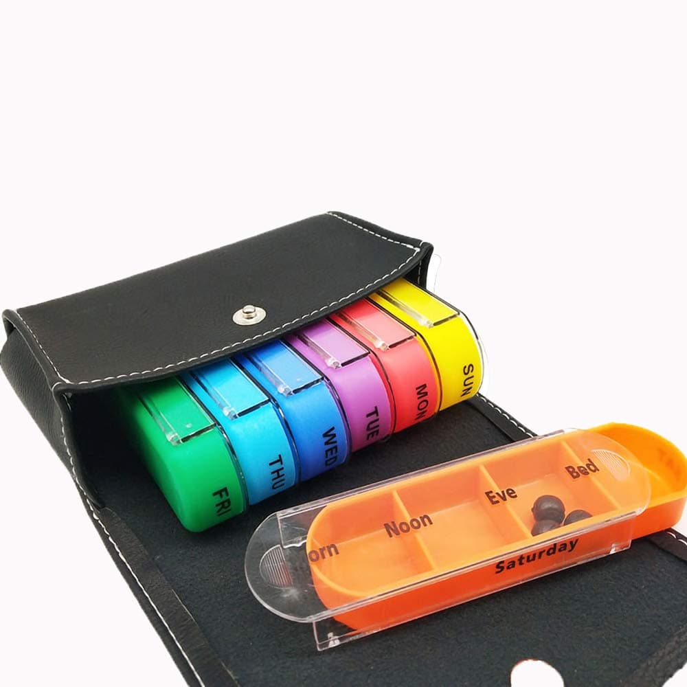 Pill Box, 7 Day Pill Box Case Travel Weekly Pill Box Organiser- Medication Reminder Daily with Black Leather Bag Design to Carry Vitamins, Fish Oil, Supplements and Medication for Outdoor Activities