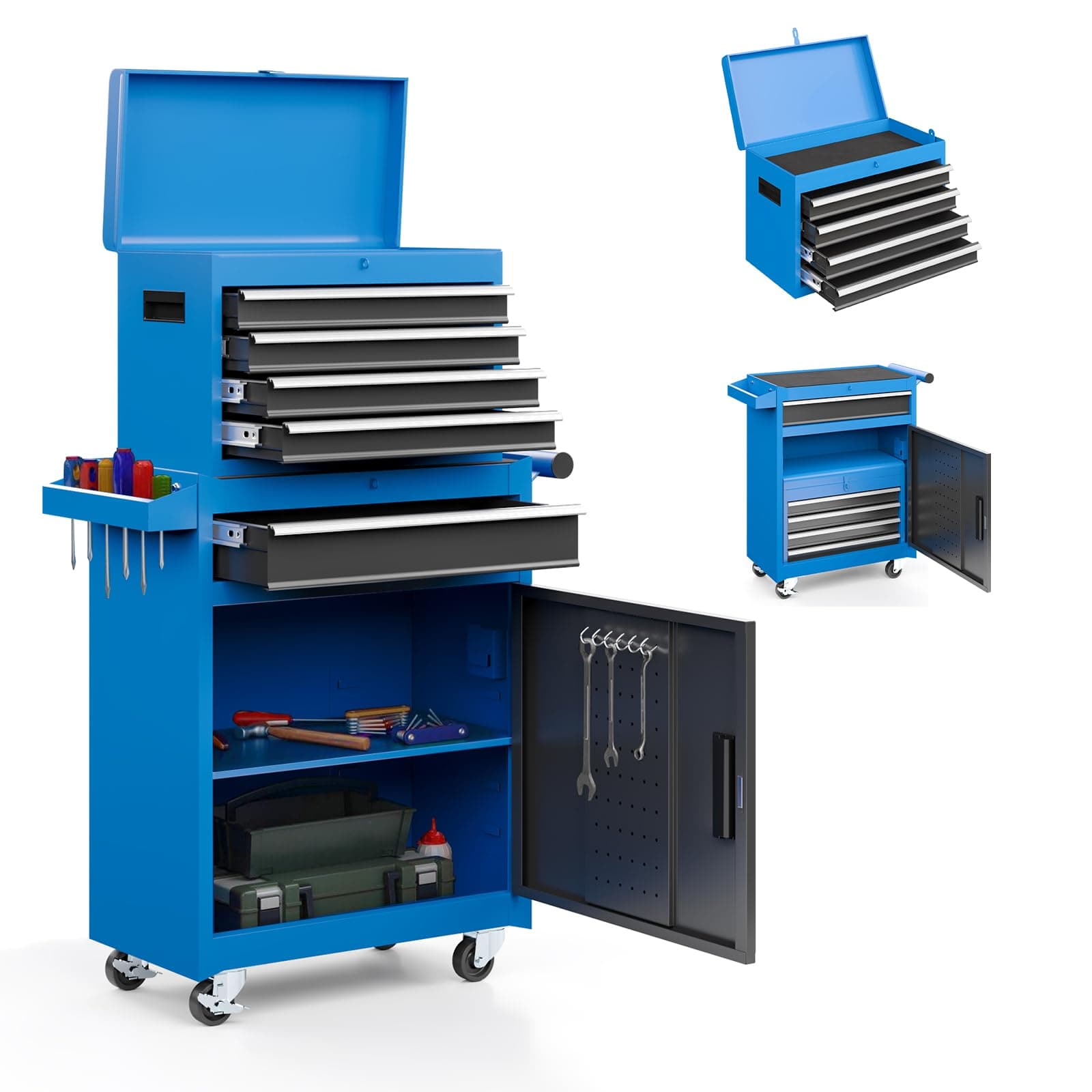 Tool Chest, 5-Drawer Rolling Tool Storage Cabinet with Detachable Top Tool Box, Enhanced Packaging, Metal Tool Cart for Garage Workshop, Blue