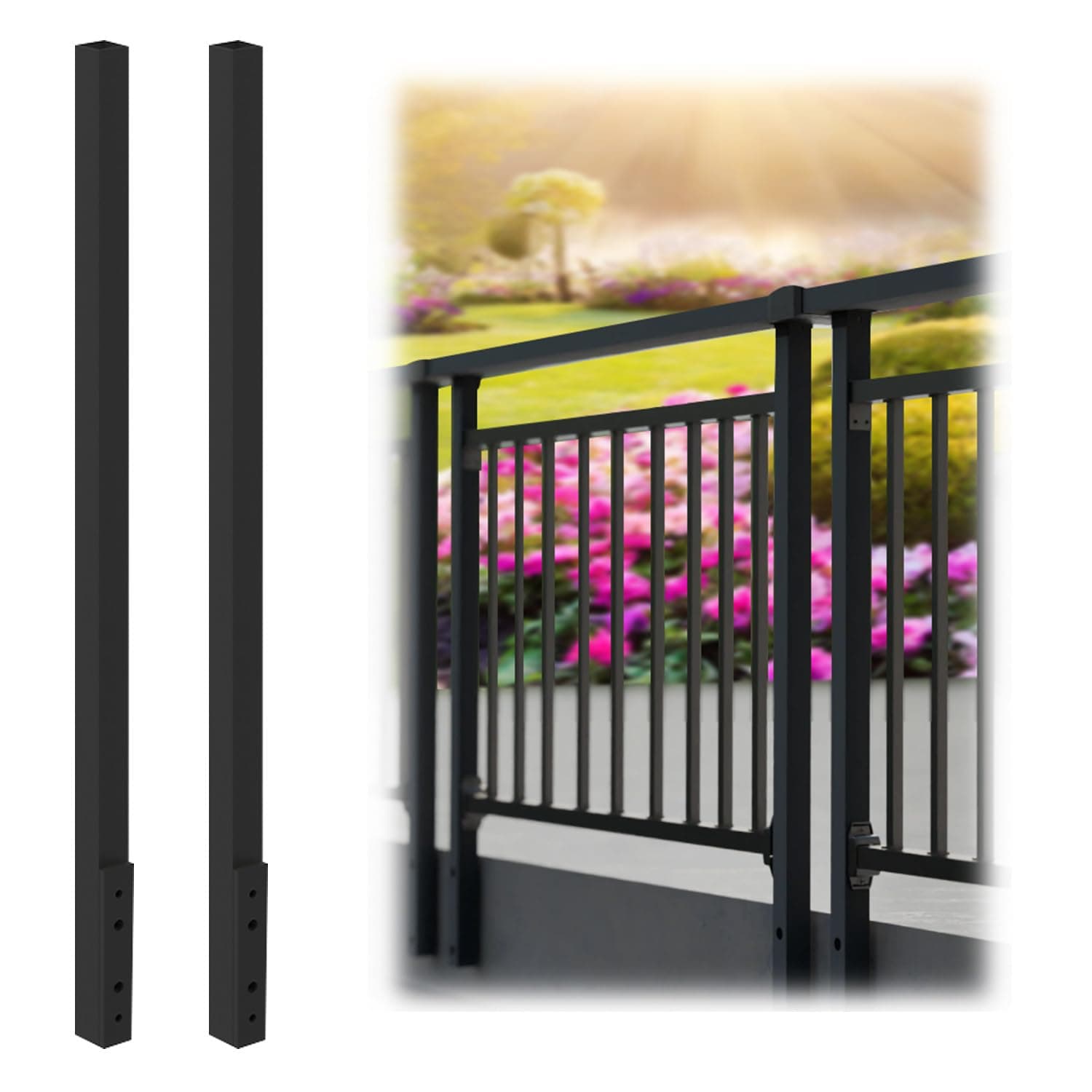 CR Fence & Rail Side Mount Black Metal Post, 42" Powder-Coated Fence Posts (Set of 2), Compatible with Baluster Railing for Deck, Porch, and Balcony