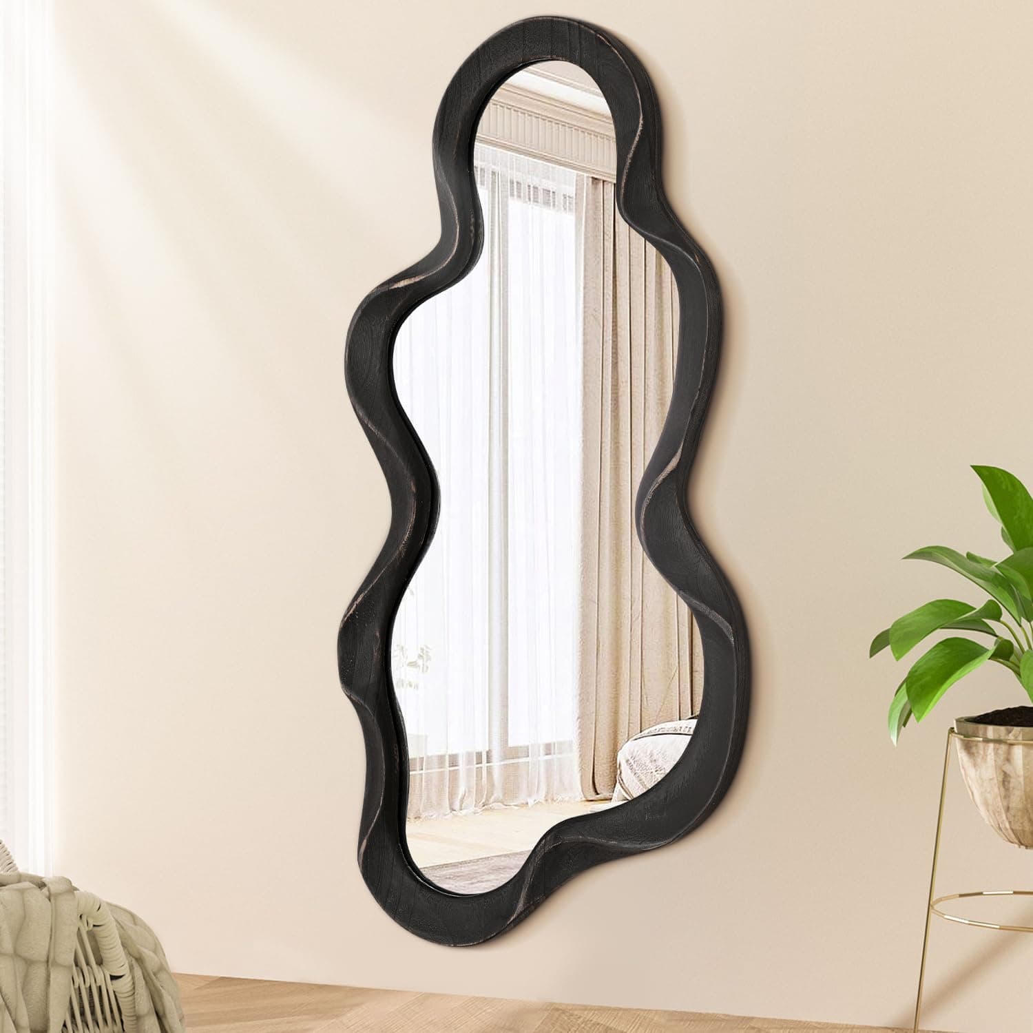 Large Asymmetrical Mirror Irregular Modern Cloud Wall Mirrors Wood Frame Unique Shape Artistic Wall Mounted Vanity Decorative for Living Room Bedroom Bathroom Entryway Hallway