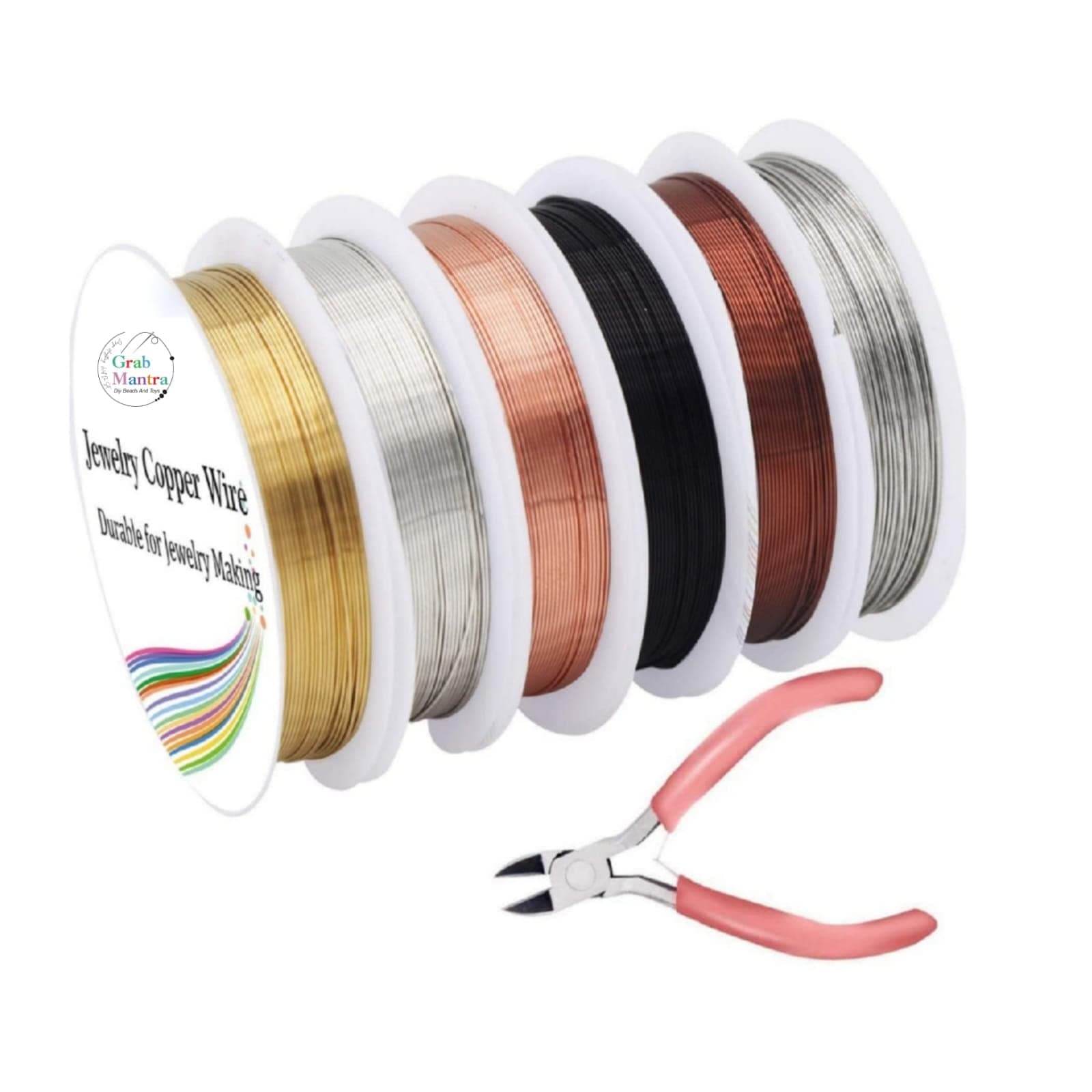 Grab Mantra 6-Pack Jewelry Copper Craft Wire Set – Multi-Color 0.5mm (24 Gauge) Beading Wire with Cutter for DIY Bracelets, Necklaces, Jewelry Making, and Craft Supplies