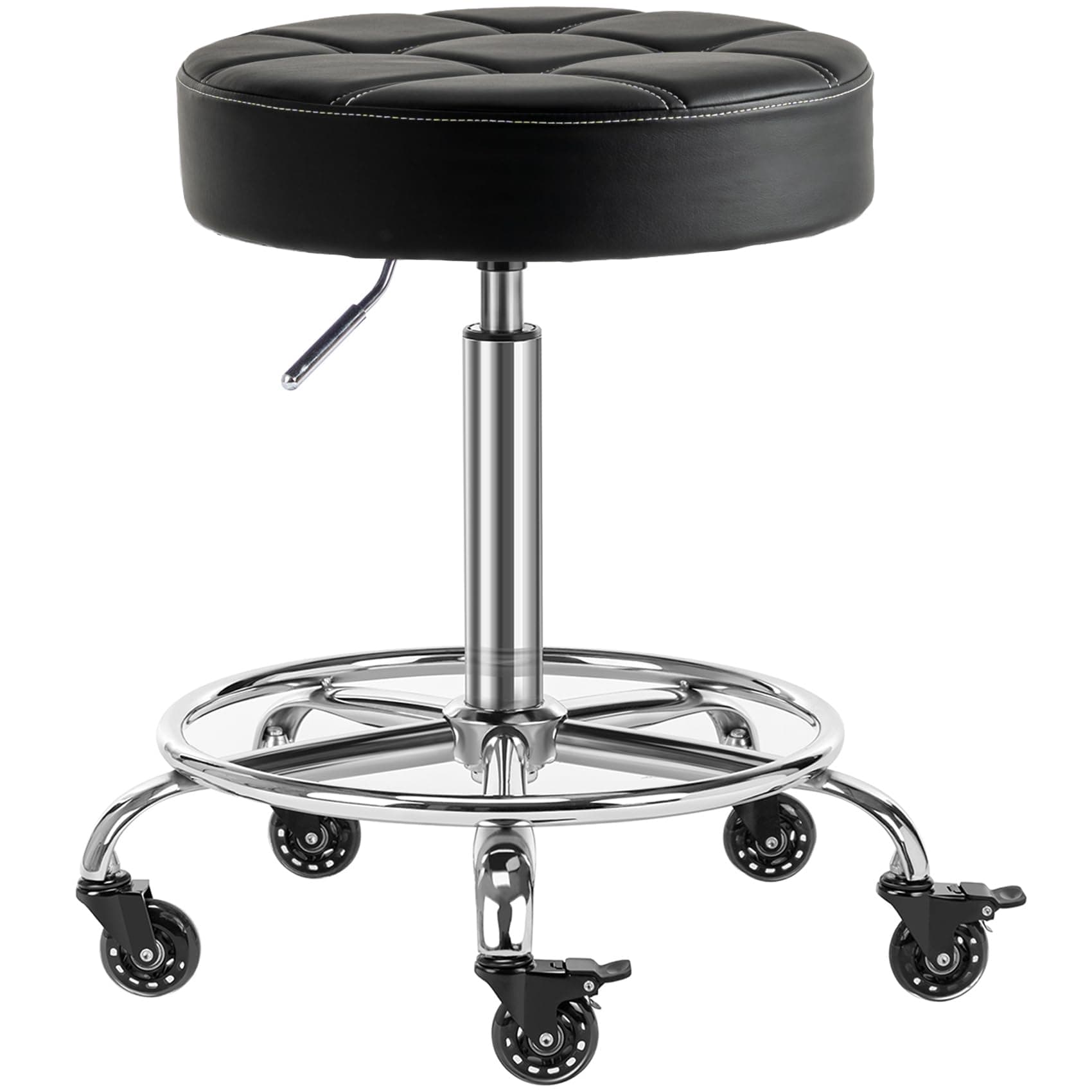 Lockable Rolling Stool with Noiseless Rubber Wheels & Footrest - Adjustable Swivel Stool Chair for Kitchen, Medical, Workshop, Salon, Tattoo, Office (Black, 20"-27")