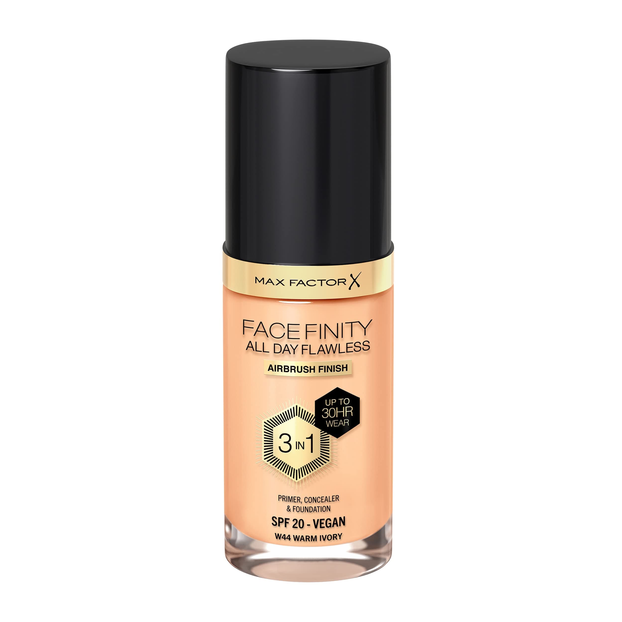 Max Factor Facefinity 3-in-1 All Day Flawless Liquid Foundation, SPF 20 - 44 Warm Ivory, 30 ml