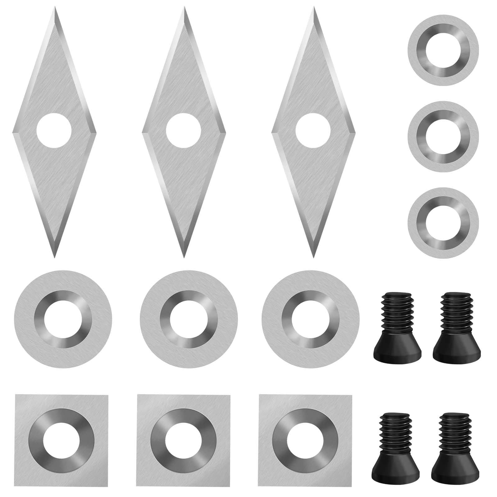 12PCS Carbide Lathe Tools Carbide Inserts for Wood Lathe Turning Tools,Include 11mm Square with Radius,12mm and 8.9mm Round,30x10mm Diamond with Sharp Point with Screws