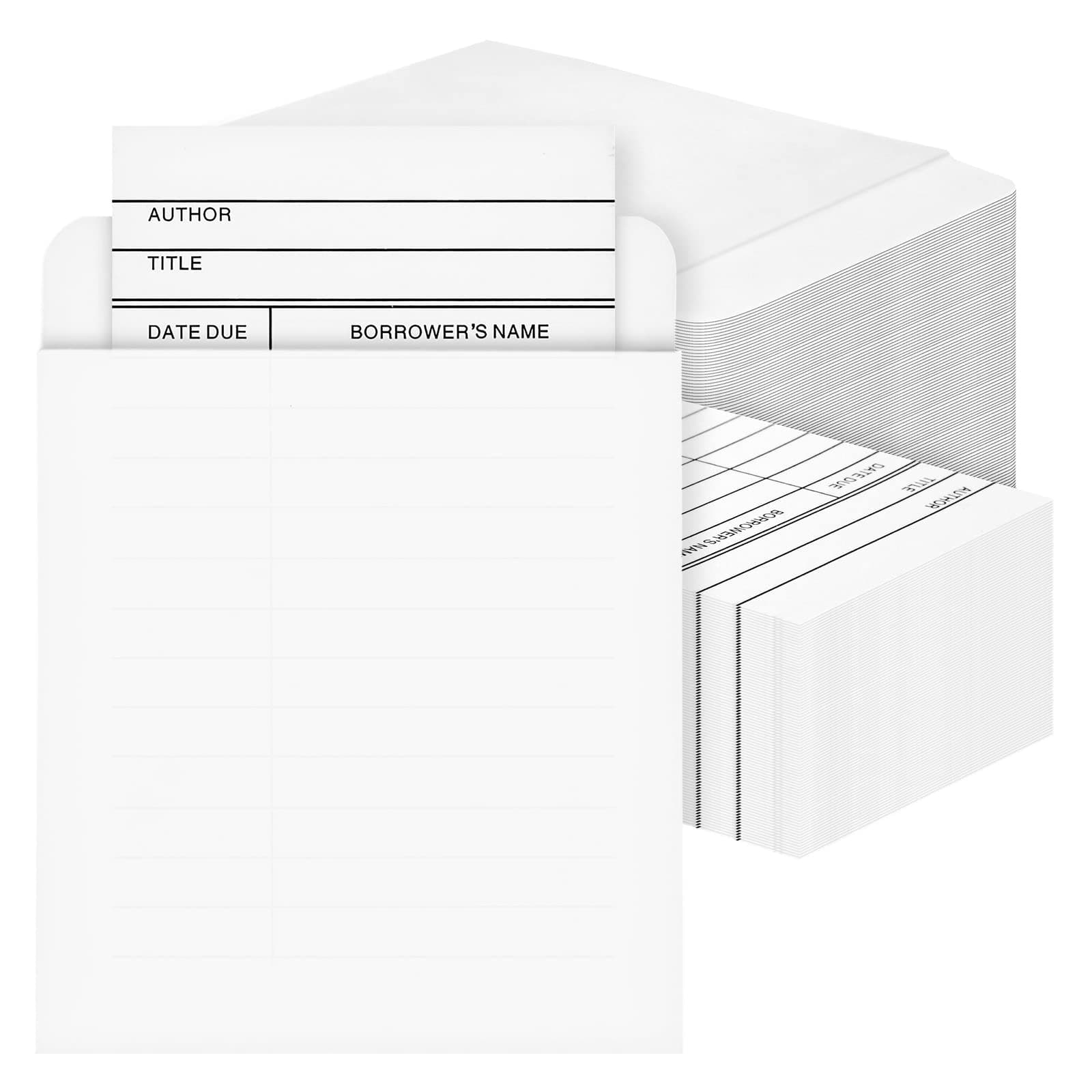 Library Card Pockets with Adhesive Backing & Due Date Cards - 200 Pieces (3 x 5 in), White, Letter Print - Checkout Slips & Book Pockets for School & Home Use